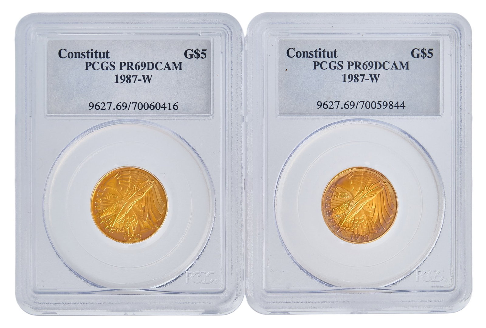 (2) 1987-W PR69DCAM $5 United States Constitution Bicentennial Gold Coins: 1987-W $5 United States Constitution Bicentennial gold coin, each slabbed, and graded PR69DCAM Provenance: Property from the Estate of Joy Speck Wilson (1942-2026) from her Menard, Texas