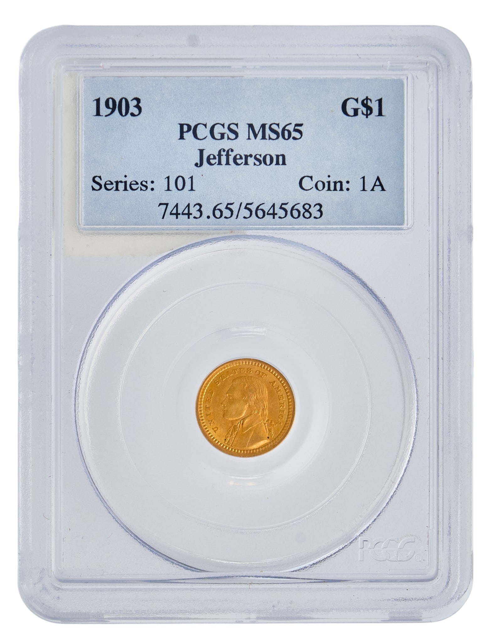 1903 MS65 Jefferson Louisiana Purchase Exposition Gold Dollar Coin: 1903 Jefferson Louisiana Purchase Exposition gold dollar coin, slabbed, and graded MS65 Provenance: Property from the Estate of Joy Speck Wilson (1942-2026) from her Menard, Texas ranch home