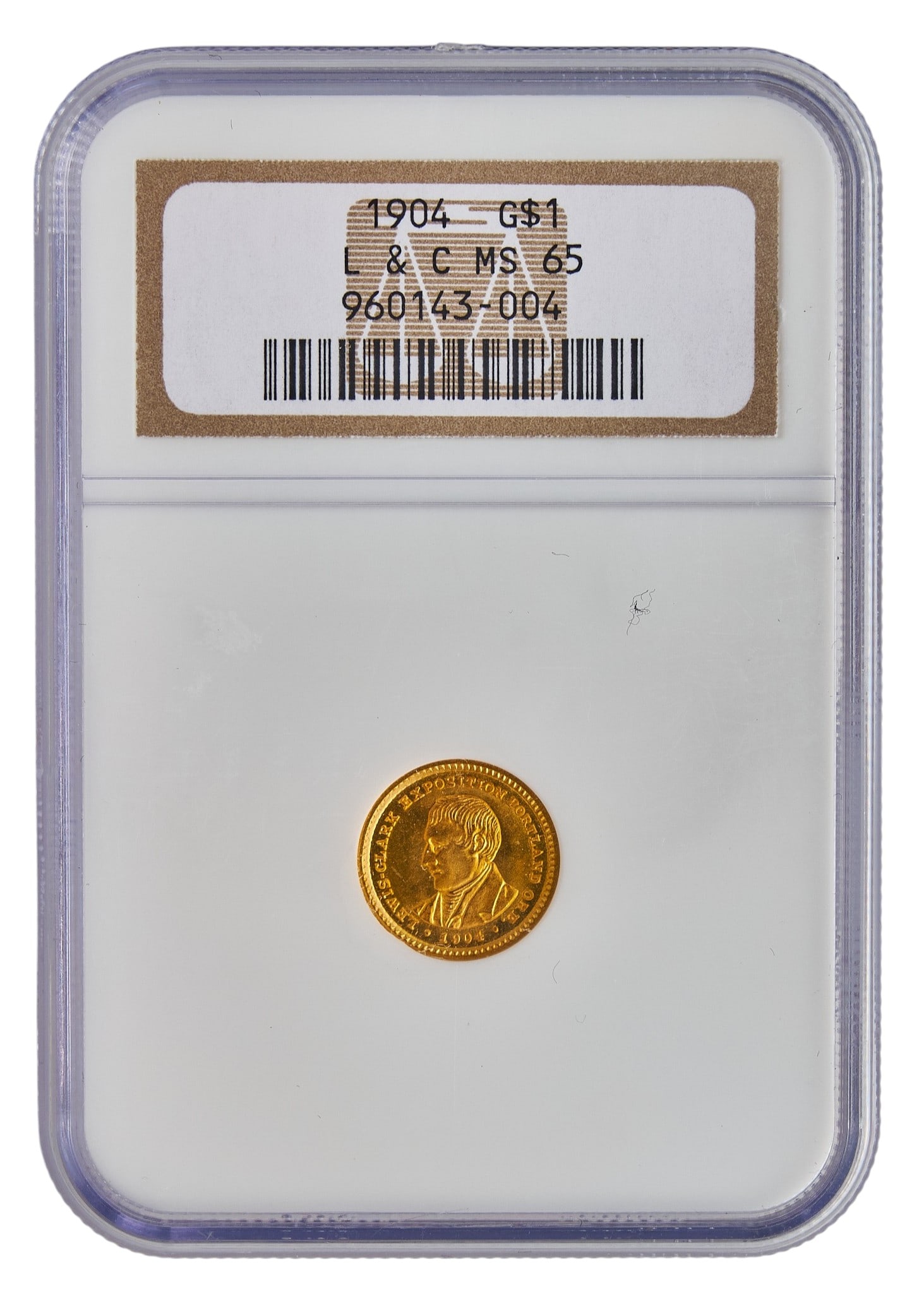 Rare 1904 MS65 Lewis and Clark Exposition Gold Dollar Coin: Rare 1904 Lewis and Clark exposition gold dollar coin, slabbed and graded MS65 Provenance: Property from the Estate of Joy Speck Wilson (1942-2026) from her Menard, Texas ranch home