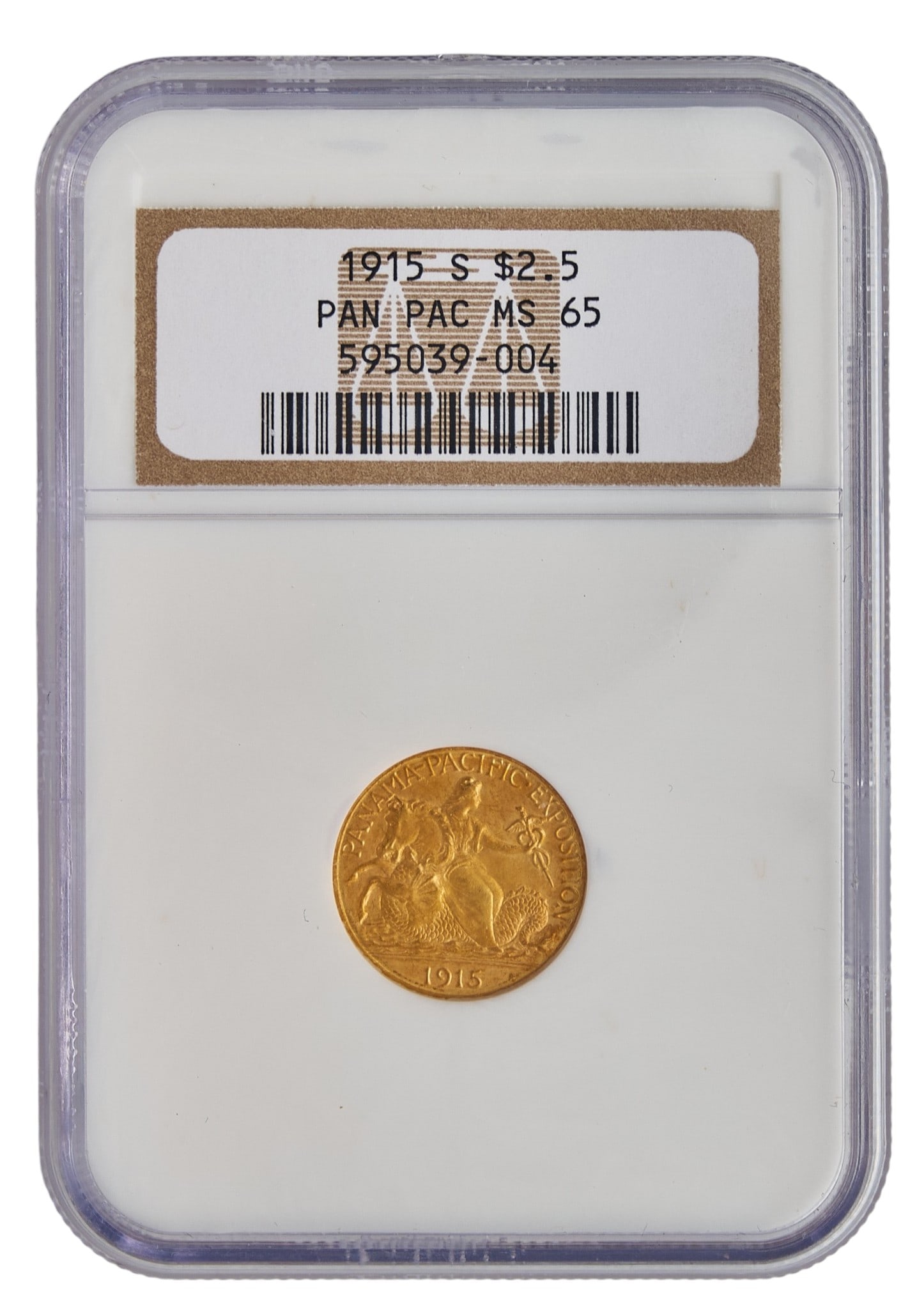 MS65 1915 $2.50 Panama-Pacific Exposition Gold Coin: 1915 $2.50 Panama-Pacific Exposition gold coin, slabbed and graded MS65 Provenance: Property from the Estate of Joy Speck Wilson (1942-2026) from her Menard, Texas ranch home