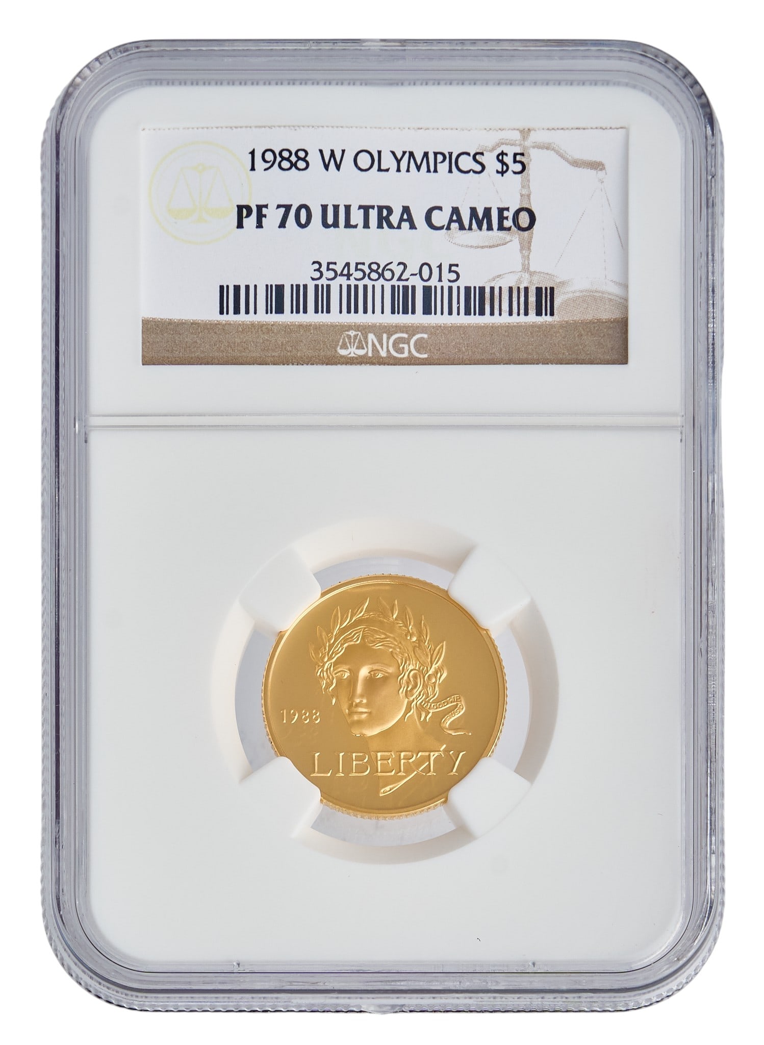 1998-W PF70 Ultra Cameo $5 USA XXIV Seoul Olympic Games Gold Coin: 1998-W $5 USA XXIV Seoul Olympic Games gold coin, slabbed, and graded PF70 ultra cameo Provenance: Property from the Estate of Joy Speck Wilson (1942-2026) from her Menard, Texas ranch home