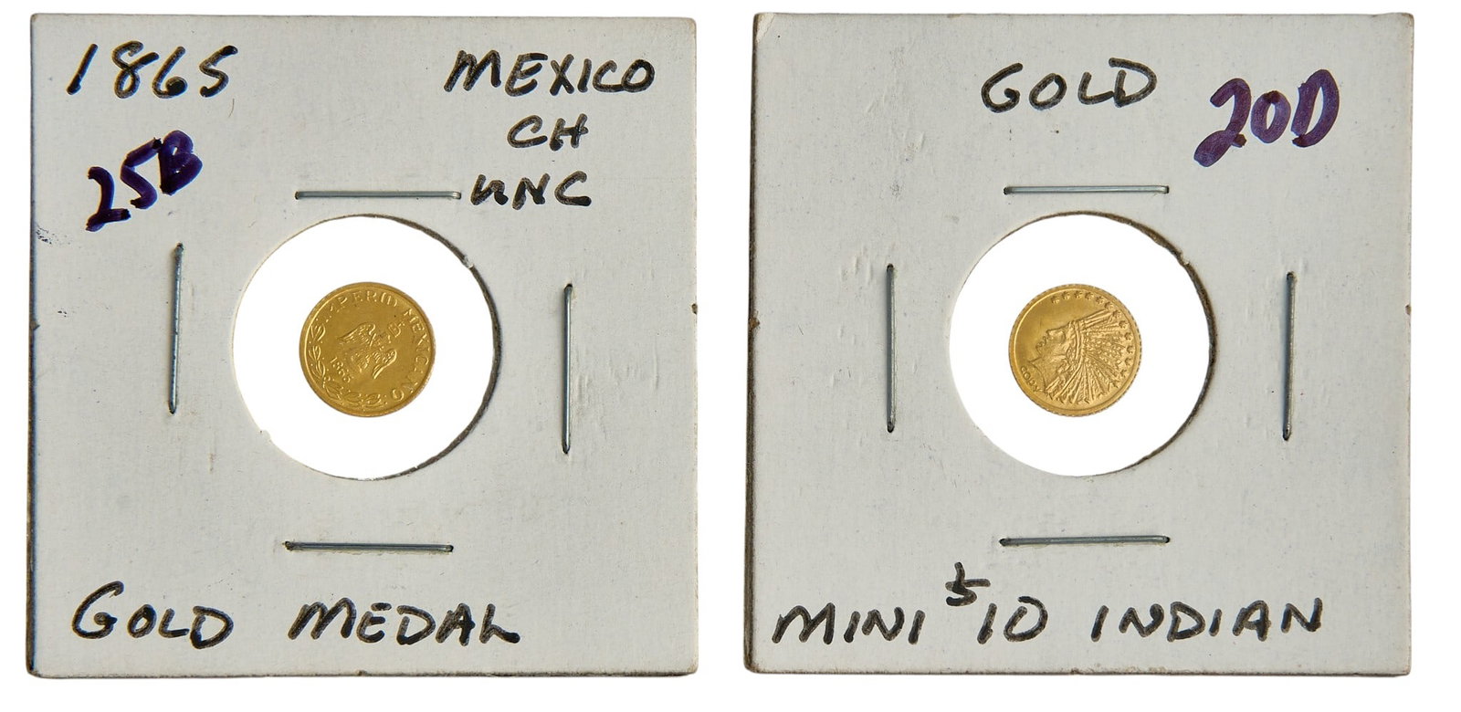 (2) Gold Coins: Two gold coins, includes copy of $10 Indian head gold coin, and 1865 Mexican coin Provenance: Property from a home in San Antonio, Texas 