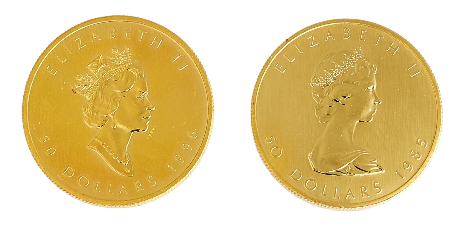 (2) $50 Canadian Maple Leaf Gold Coins: Two $50 Canadian Maple Leaf gold coins, to include, 1996 Canadian Maple Leaf, and one 1985 Canadian Maple Leaf Provenance: Property from the Estate of Joy Speck Wilson (1942-2026) from her Menard, Tex