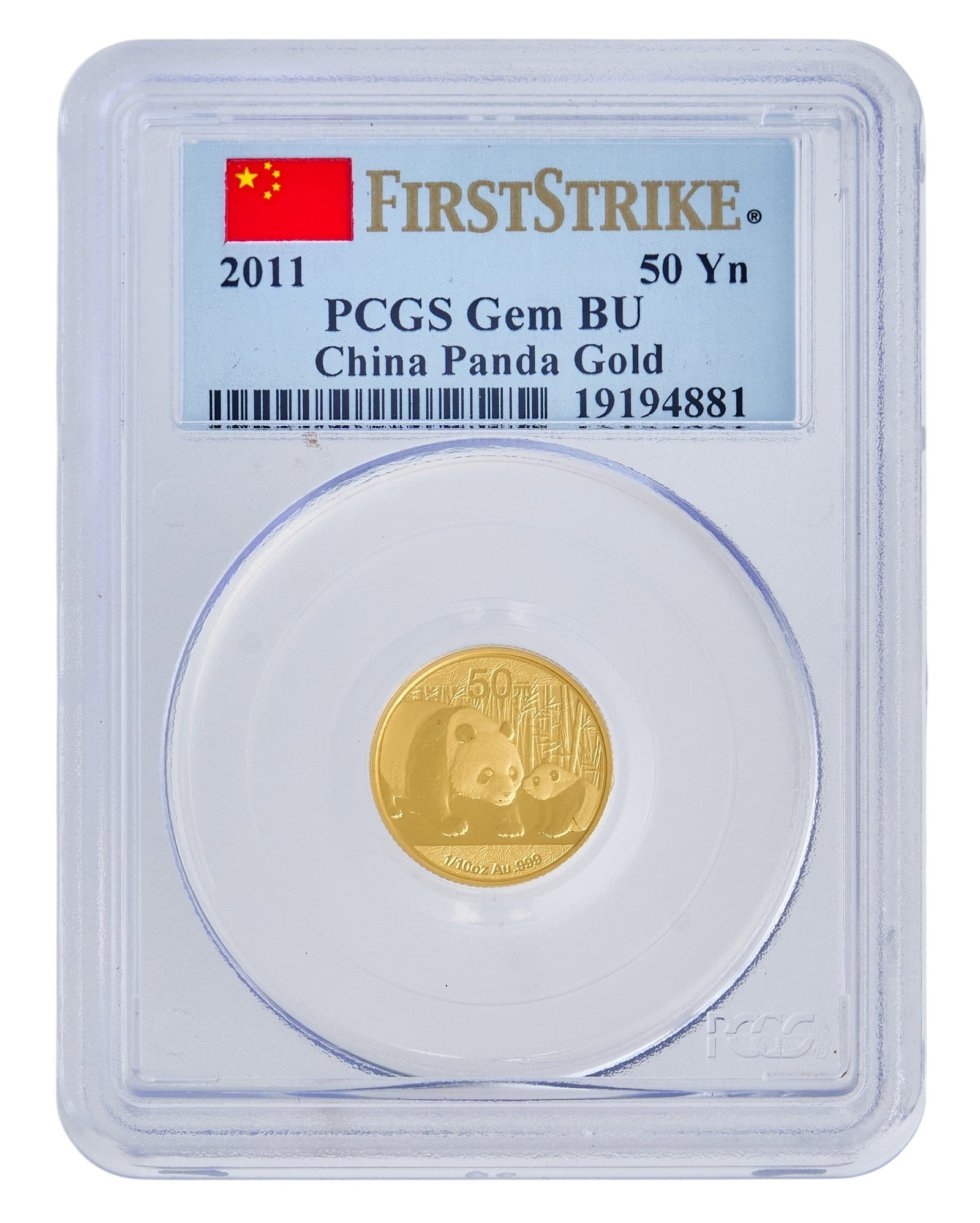 2011 Gem BU China Panda Gold Coin: 2011 China Panda gold coin, one-tenth ounce fine gold, slabbed and graded Gem BU Provenance: Property from a home in San Antonio, Texas