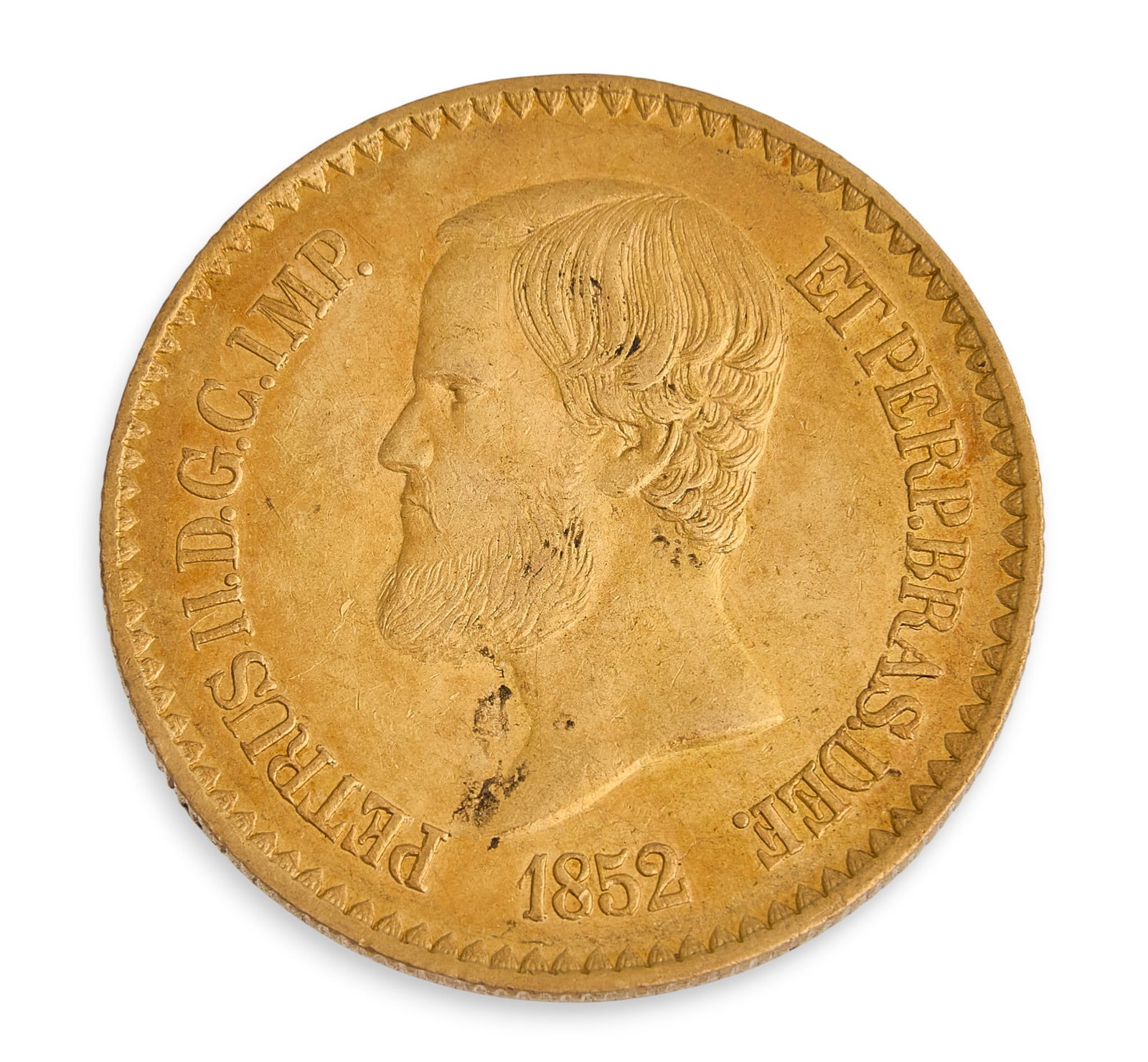 1852 Brazil 20,000 Reis Gold Coin: 1852 Brazil 20,000 Reis 22K gold coin Total weight: 17.83 g Provenance: Property from the Terrell Hills, Texas estate of distinguished civic leader and philanthropist Diana Destine Sandefer