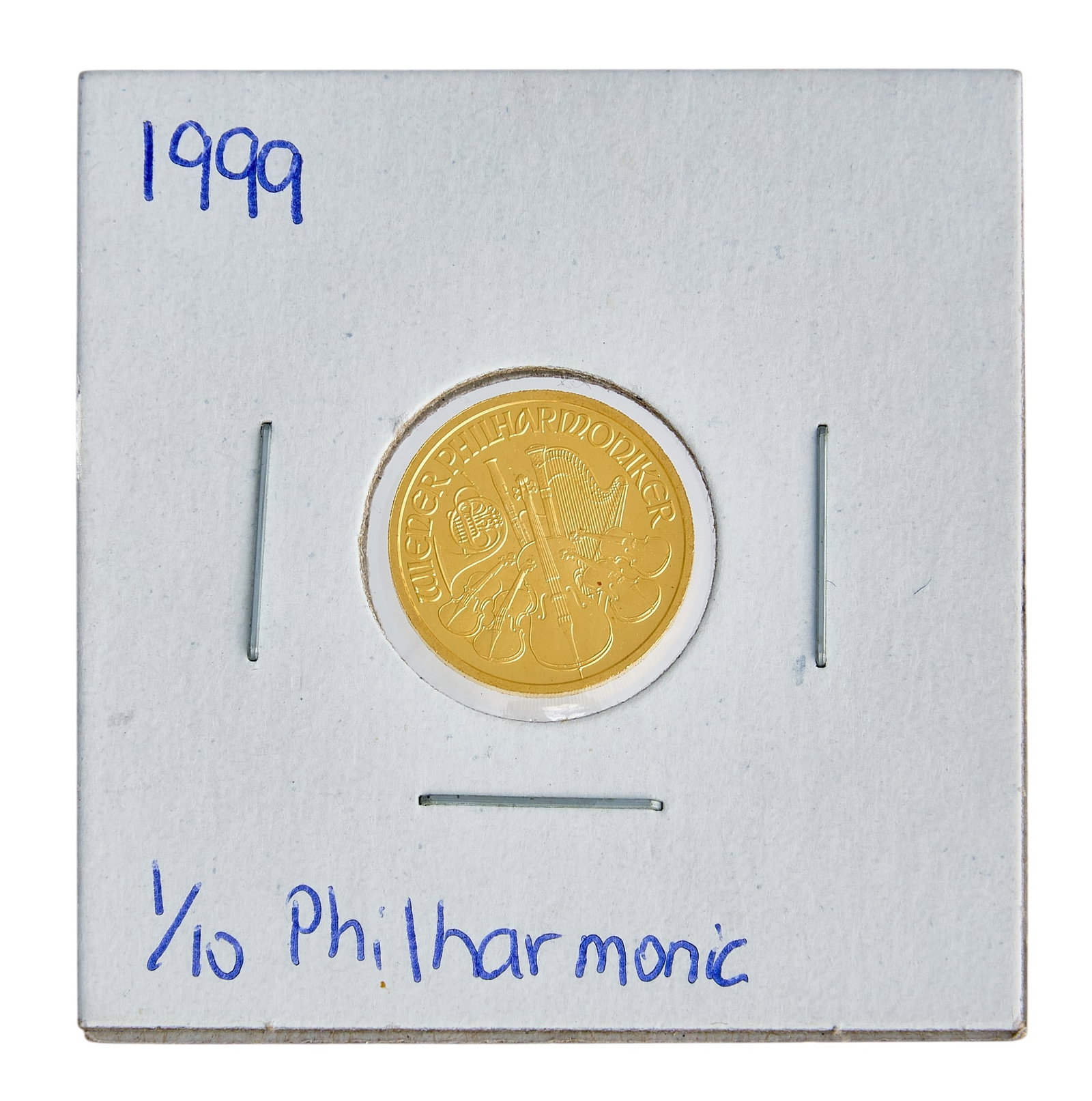 1999 Austrian Philharmonic Gold Coin: 1999 Austrian Philharmonic gold coin, one-tenth .999 fine gold Provenance: Property from a home in San Antonio, Texas