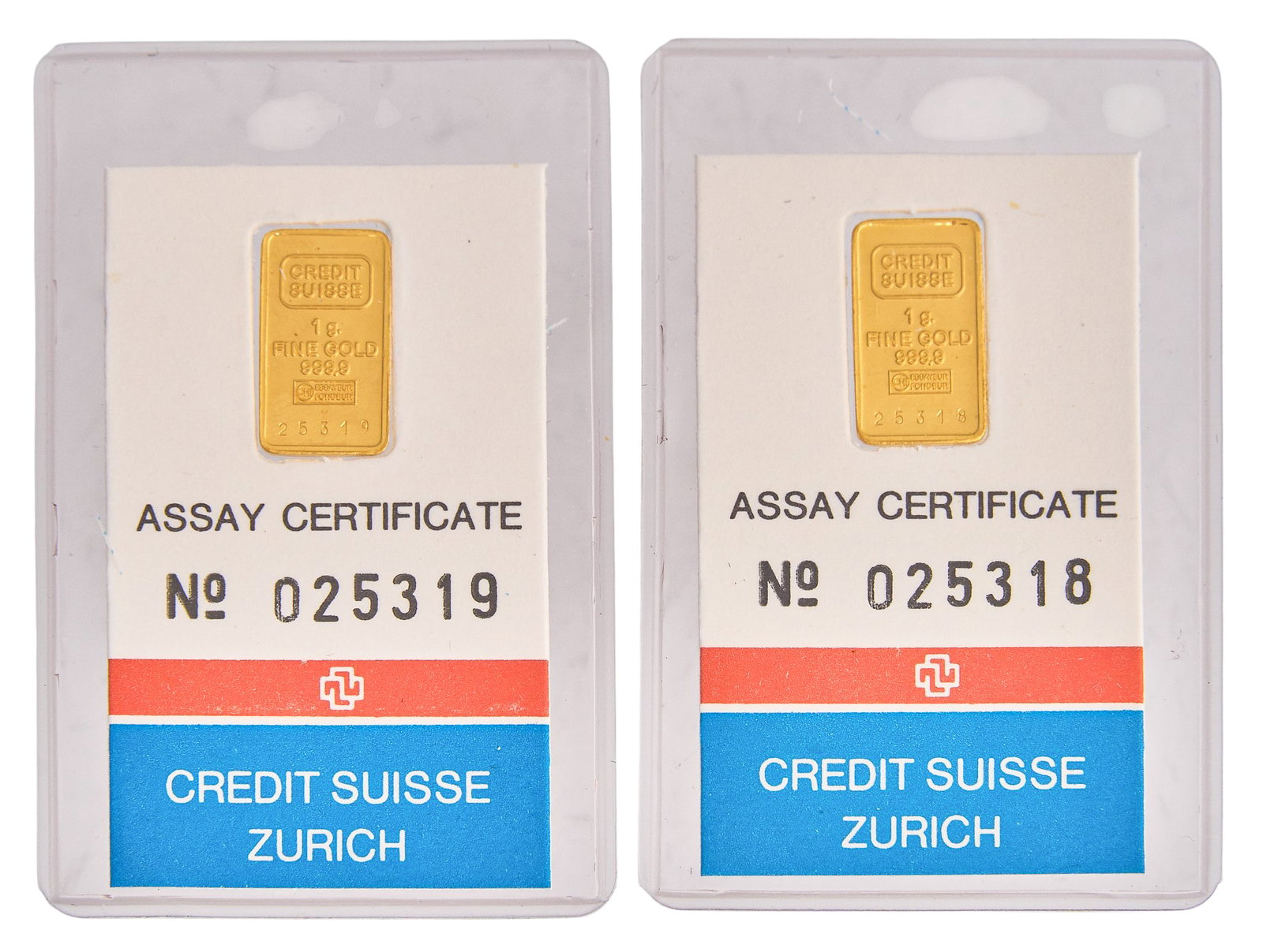 Two Credit Suisse 1-Gram Gold Ingots, Sealed: Two 1-gram ingots of fine gold from Credit Suisse, Zurich, each ingot sealed in its original assay certificate packaging, dated April 1982, numbered 025319 and 025318 Provenance: Property