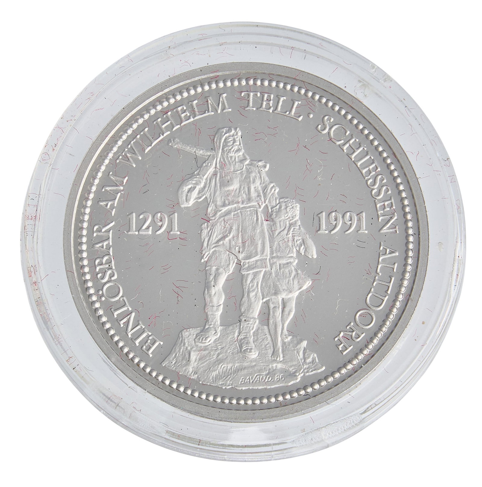 1986 Switzerland Wilhelm Tell Platinum Shooting Medal: 1986 Switzerland Wilhelm Tell platinum shooting medal, one ounce .999 fine platinum, slabbed Provenance: Property from the Estate of Joy Speck Wilson (1942-2026) from her Menard, Texas ranch home