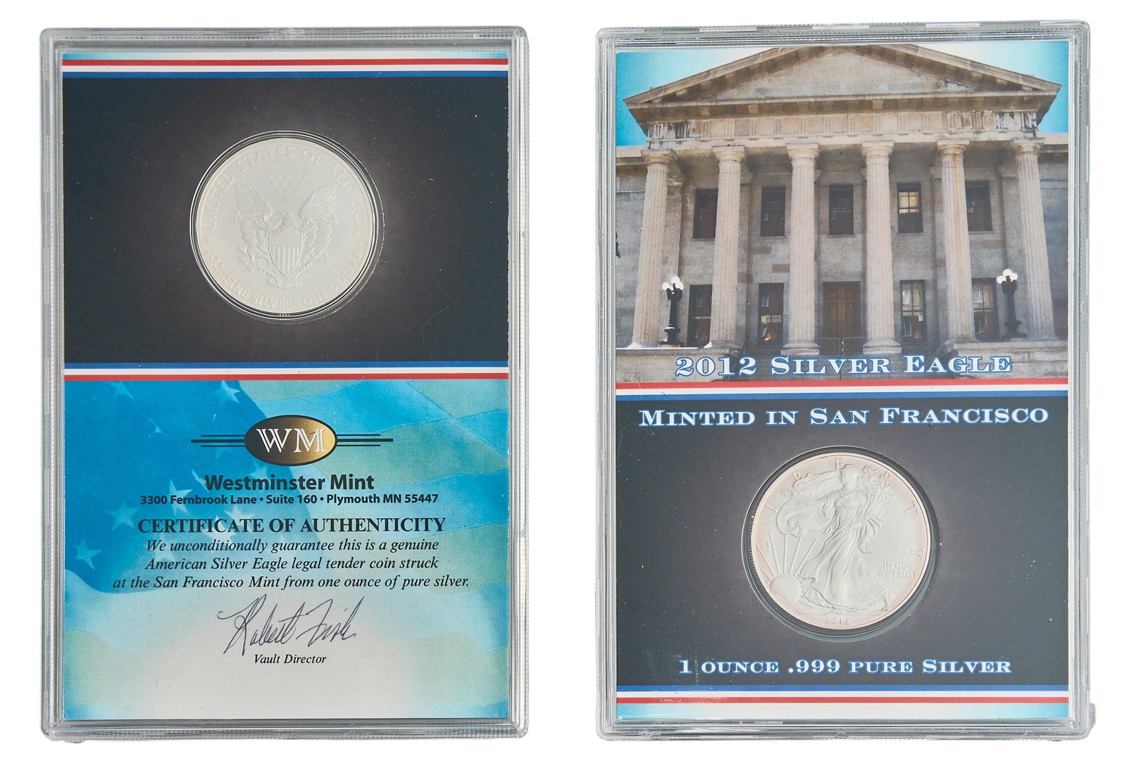 (2) 2012-S Silver Eagle Presentation Coins: Two 2012-S Silver Eagle presentation coins, each slabbed, with COA Provenance: Property from the Estate of Joy Speck Wilson (1942-2026) from her Menard, Texas ranch home