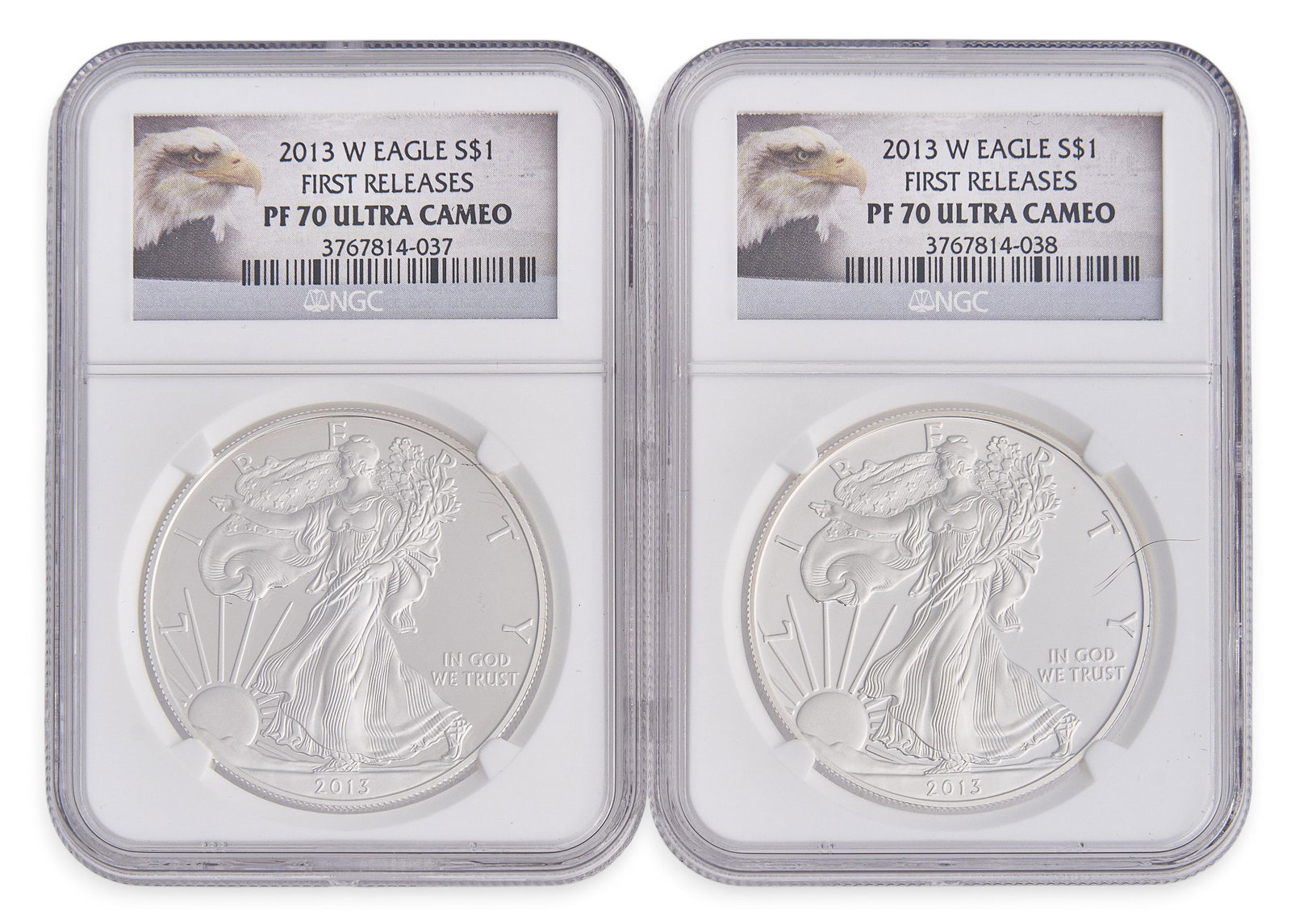 (2) 2013 W 1st Release PF-70 Ultra Cameo $1 Silver Eagle Coins: Two 2013 W 1st Release $1 Silver Eagle coins, each one ounce .999 fine silver, slabbed and graded PF-70 Ultra Cameo Provenance: Property from the collection of an industrial chemicals