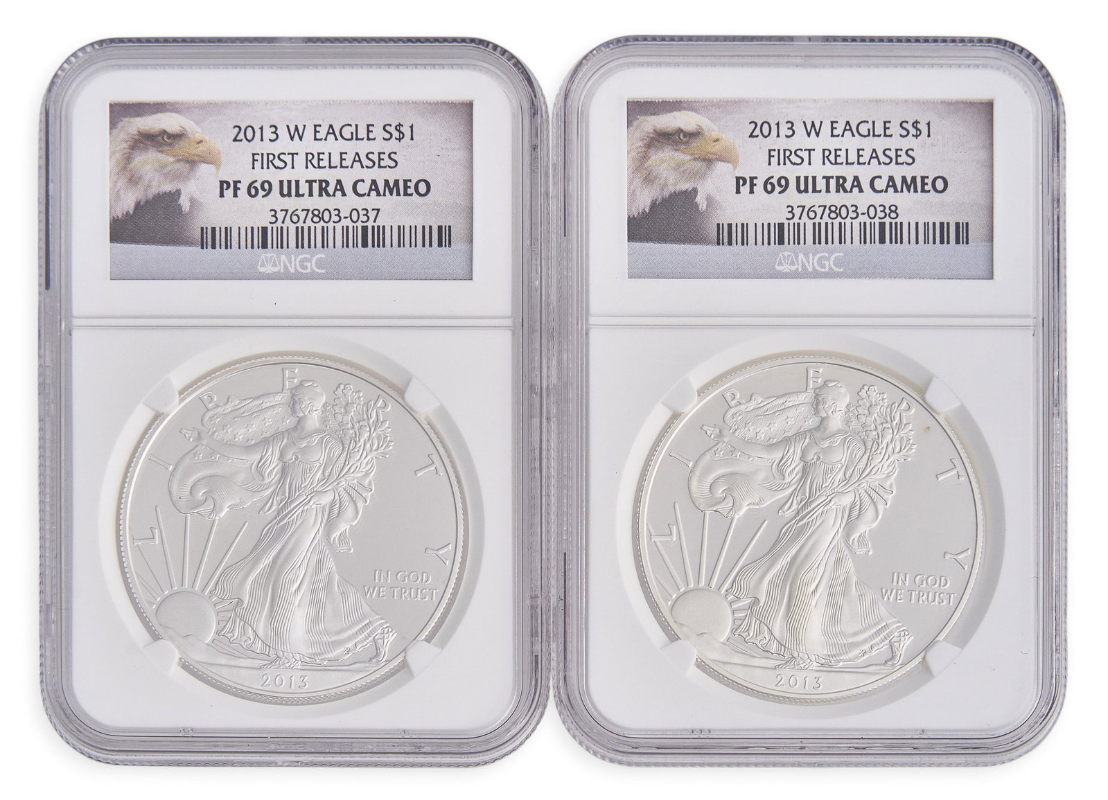 (2) 2013 W 1st Release PF-69 Ultra Cameo $1 Silver Eagle Coins: Two 2013 W 1st Release $1 Silver Eagle coins, each one ounce .999 fine silver, slabbed and graded PF-69 Ultra Cameo Provenance: