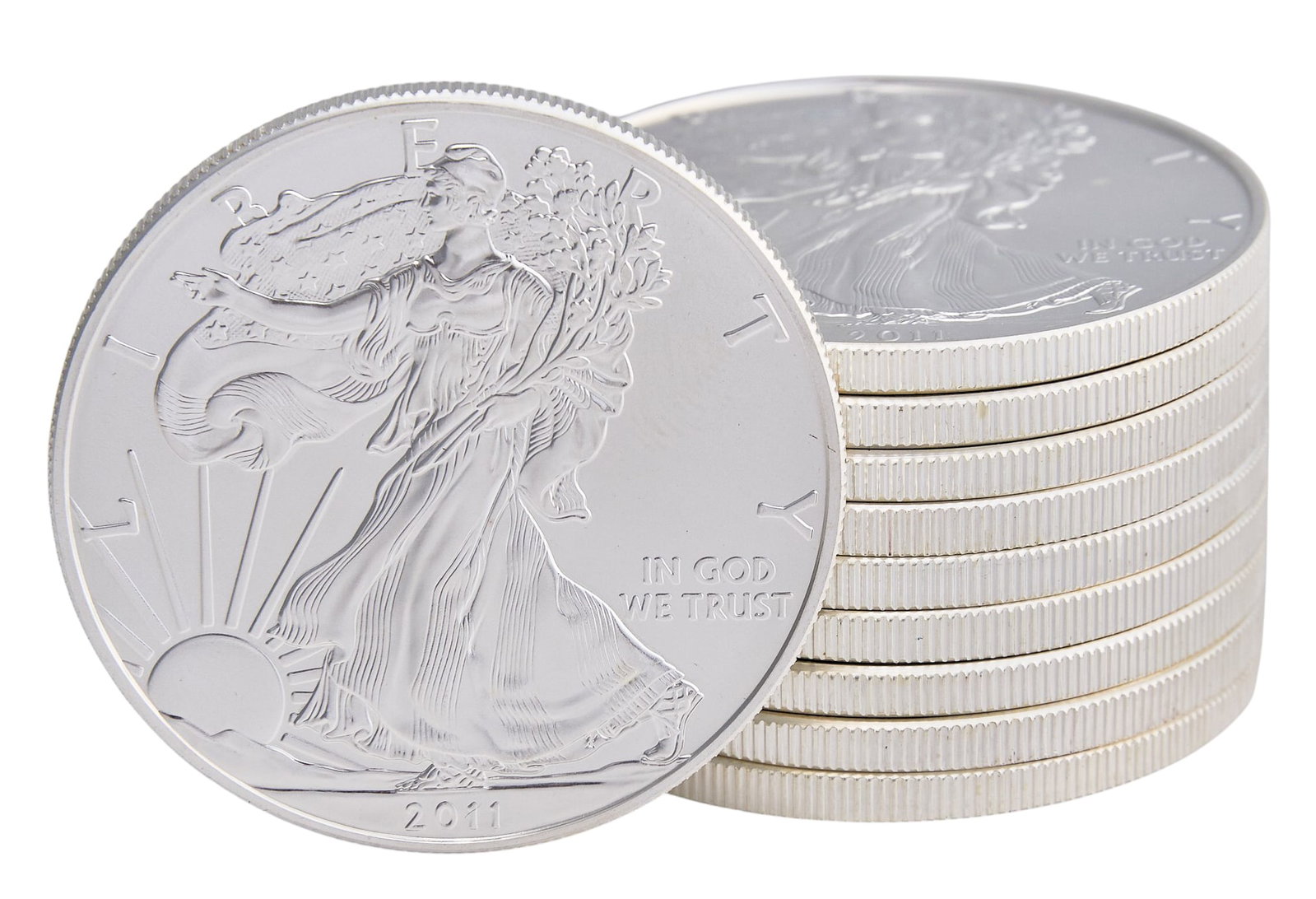 (10) Uncirculated 2011 American Silver Eagle Coins: Ten Uncirculated 2011 American silver eagle coins Provenance: Property from the collection of an industrial chemicals entrepreneur, from his Alamo Heights, Texas home