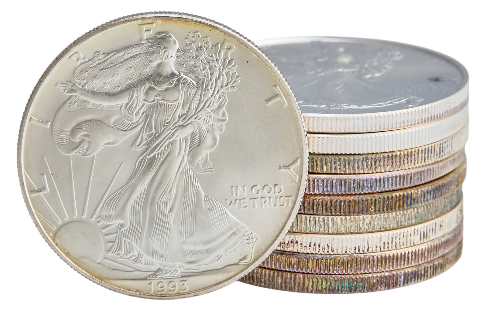 (10) Uncirculated American Eagle Silver Coins: Ten uncirculated American Eagle silver coins Provenance: Property from the collection of an industrial chemicals entrepreneur, from his Alamo Heights, Texas home