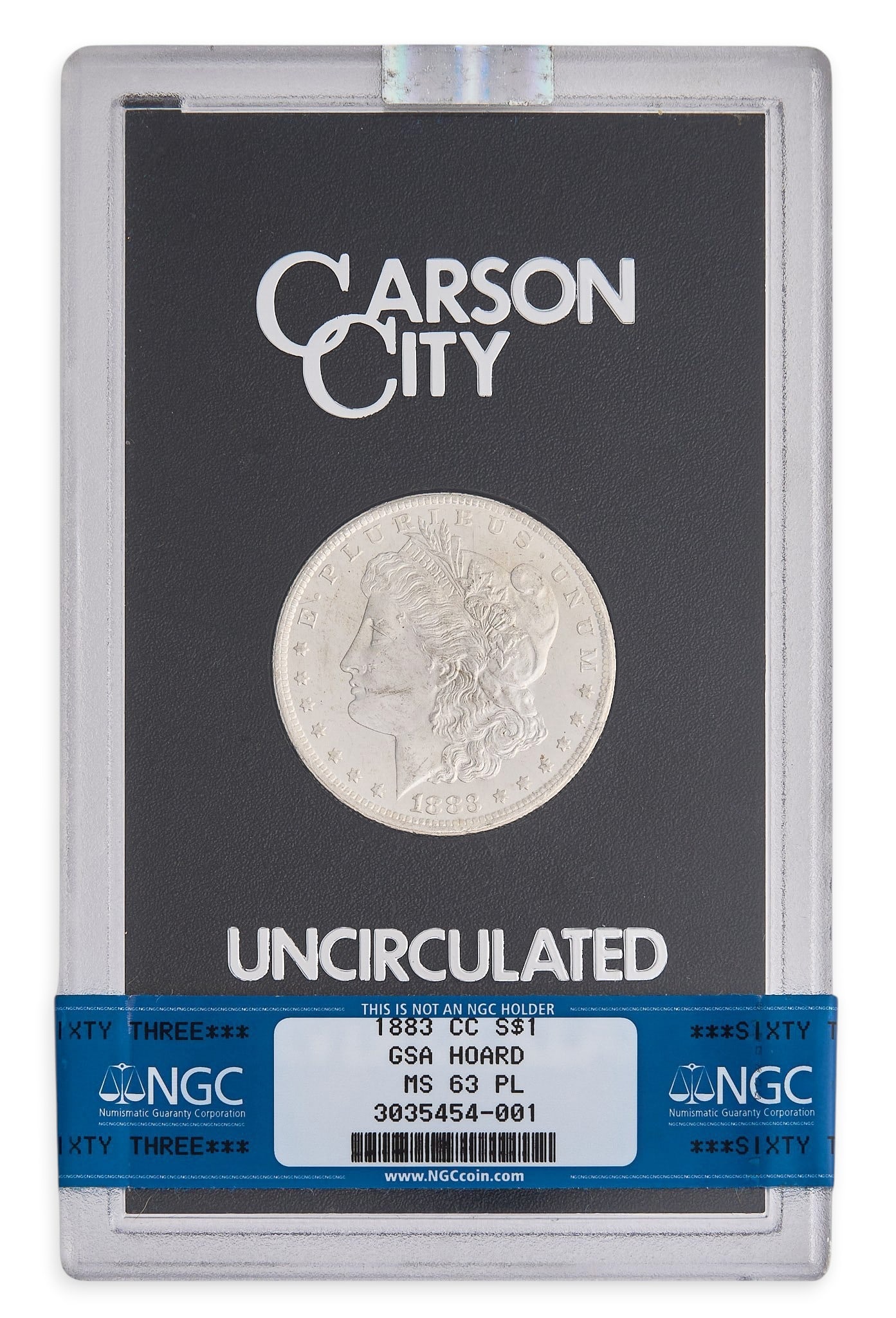 1883-CC MS-63 Carson City Morgan Silver Dollar: 1883-CC MS-63 Carson City Morgan silver dollar, in presentation box Condition: box is damaged, stickers on coin plastic Provena