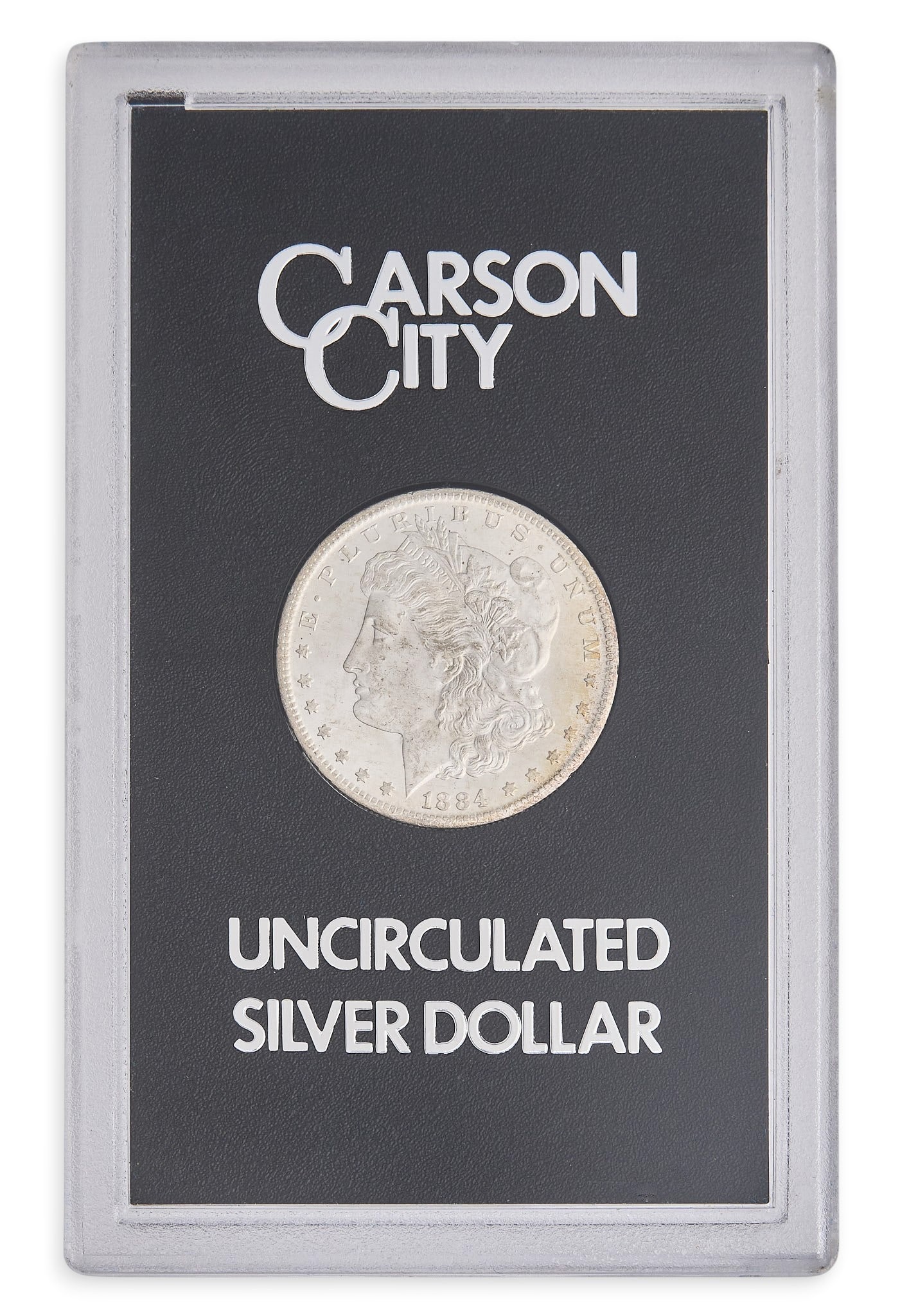 1884-CC Uncirculated Carson City Morgan Silver Dollar: 1884-CC Uncirculated Carson City Morgan silver dollar, in presentation case Provenance: Property from the collection of an industrial chemicals entrepreneur, from his Alamo Heights, Texas home