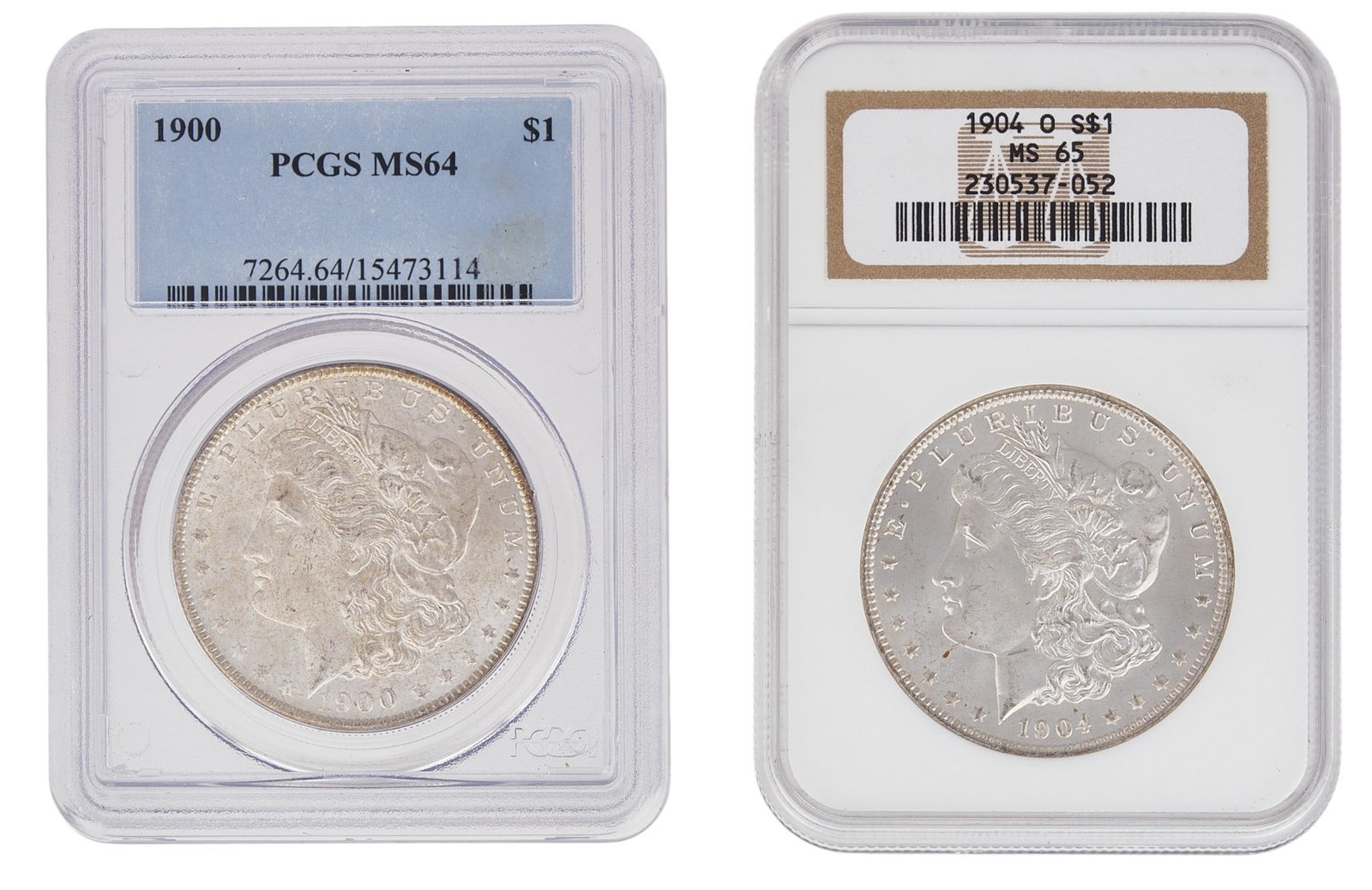 (2) Slabbed Morgan Silver Dollars: Two slabbed Morgan Silver Dollars, includes one 1900 MS64 Morgan Dollar, and one 1904 MS65 Morgan Dollar Provenance: Property from the Estate of Joy Speck Wilson (1942-2026) from her Menard, Texas