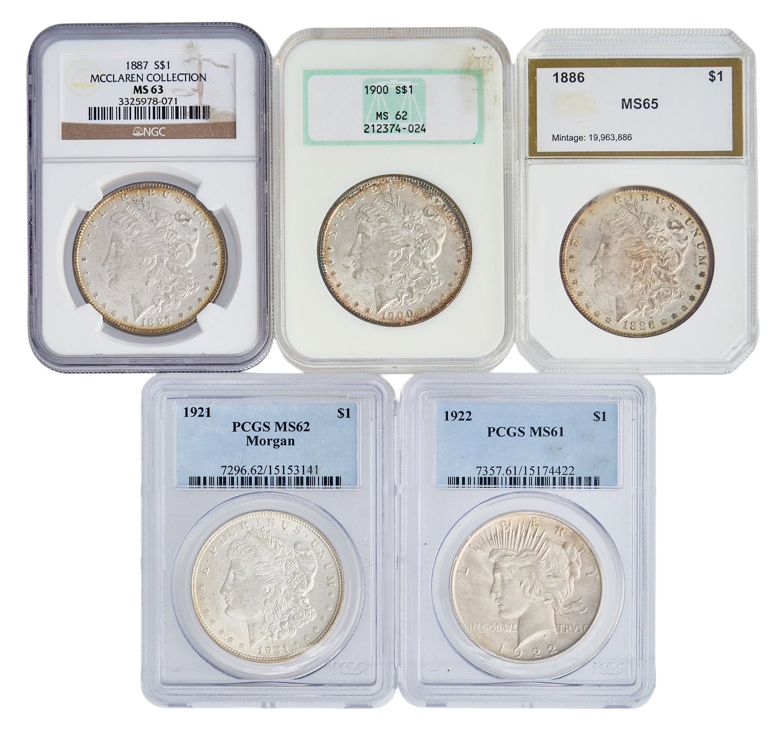 (5) Morgan Silver Dollars: Five Morgan silver dollars, all slabbed and graded, to include, 1886 MS65 Morgan dollar, 1887 MS63 Morgan dollar, 1900 MS62 Morgan dollar, 1921 MS62 Morgan dollar, 1922 MS61 Morgan dollar 