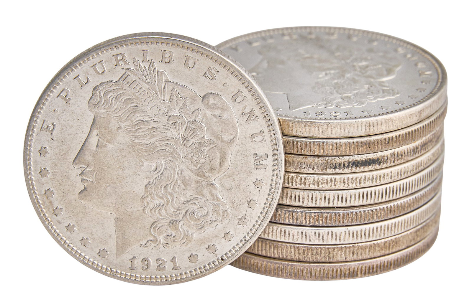 (10) 1921 Morgan Silver Dollars: Ten 1921 Morgan silver dollars Provenance: Property from the collection of an industrial chemicals entrepreneur, from his Alamo Heights, Texas home