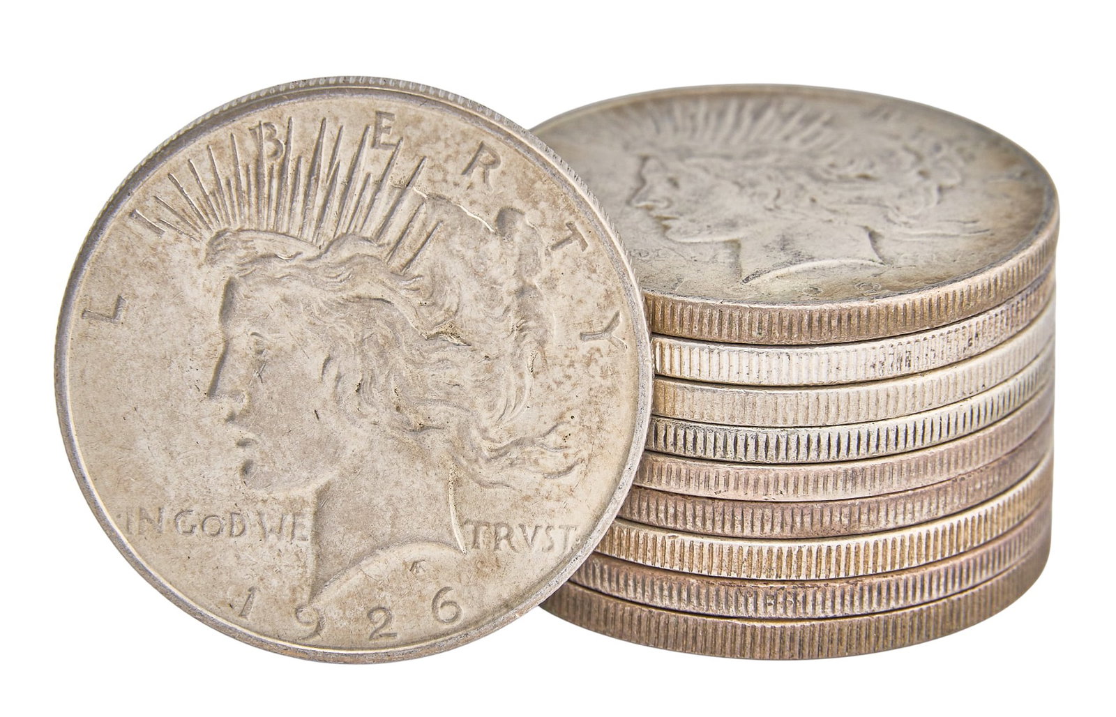 (10) Morgan and Peace Silver Dollars: Ten Morgan and Peace silver Dollars Provenance: Property from the collection of an industrial chemicals entrepreneur, from his Alamo Heights, Texas home