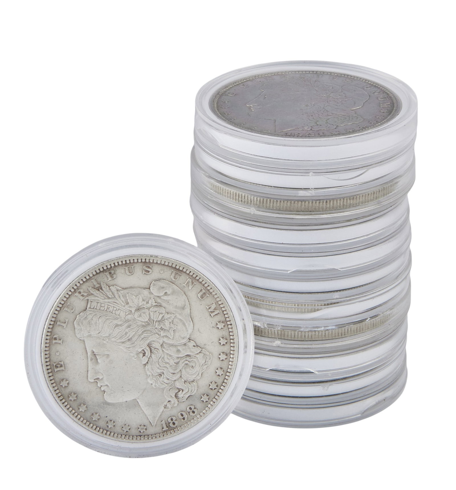 (12) Silver Dollars: Twelve slabbed silver dollar coins Provenance: Property from a home in San Antonio, Texas
