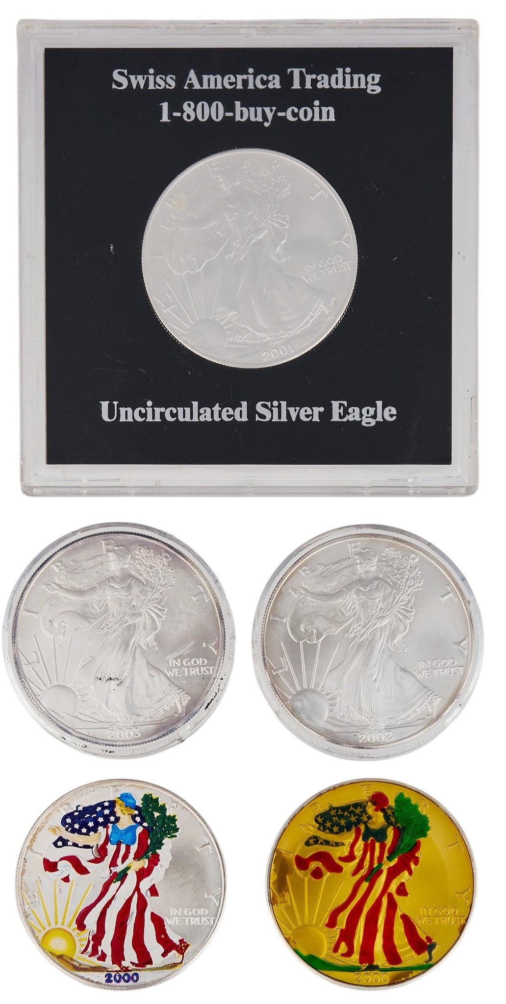 (5) American Eagle Silver Dollars: Five assorted American Eagle Silver Dollars, three slabbed, and two colorized Provenance: Property from the Estate of Joy Speck Wilson (1942-2026) from her Menard, Texas ranch home