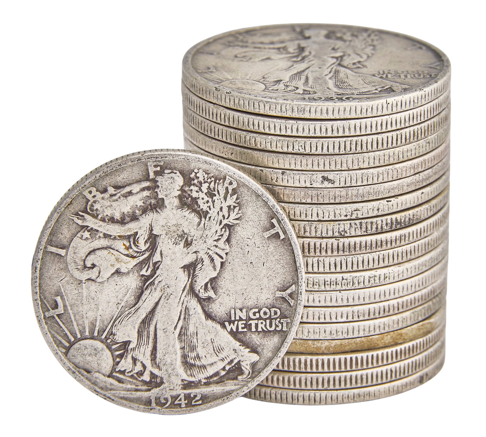 (20) Walking Liberty Half Dollars: Twenty silver Walking Liberty Half Dollars Weight: 7.455 ozt Provenance: Property from the collection of an industrial chemicals entrepreneur, from his Alamo Heights, Texas home