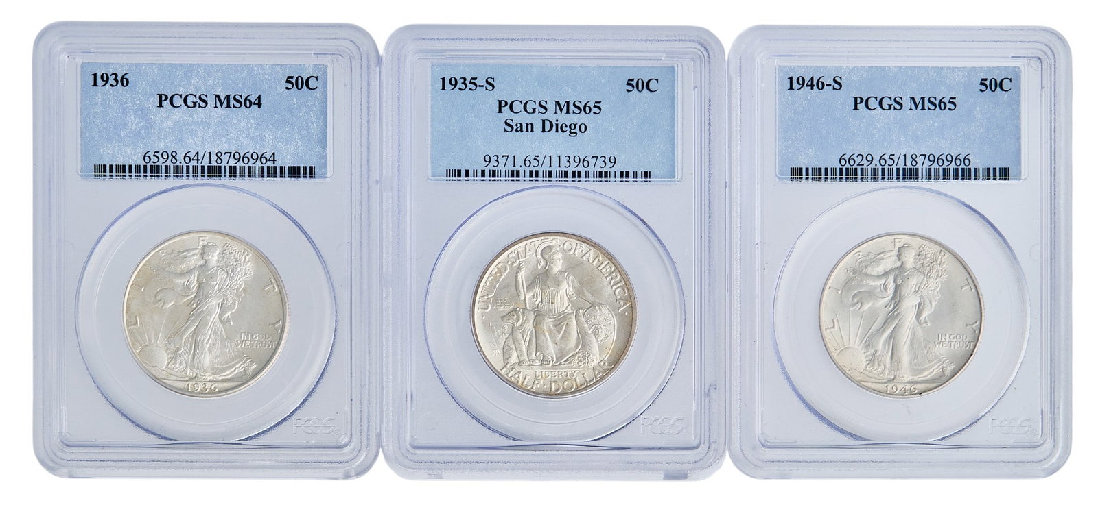 (3) Silver Half Dollars: Three silver half dollars, each slabbed, and graded, to include, 1935-S MS65 San Diego half dollar, 1936 MS64 Walking Liberty half dollar, 1946-S MS65 Walking Liberty half dollar Provenance: Property 