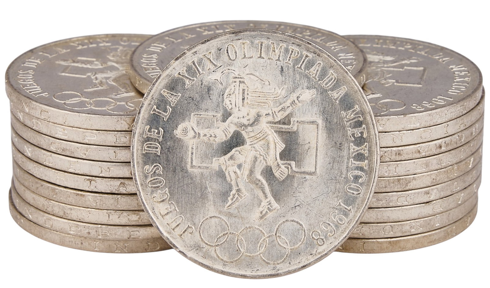 (20) 1968 Olympics Mexican 25 Pesos Silver Coins: Twenty 1968 Olympics Mexican 25 Pesos silver coins Total weight: 14.475 ozt Provenance: Property from the Estate of Joy Speck Wilson (1942-2026) from her Menard, Texas ranch home