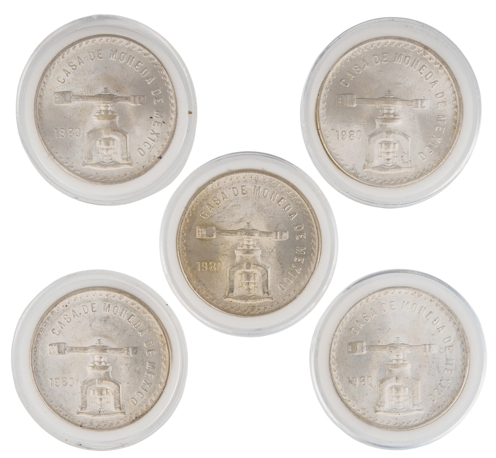 (5) 1980 Mexican Silver Una Onza Coins: Five 1980 Mexican Silver Una Onza coins, each one troy ounce .925 sterling silver, slabbed Provenance: Property from the Estate of Joy Speck Wilson (1942-2026) from her Menard, Texas ranch home