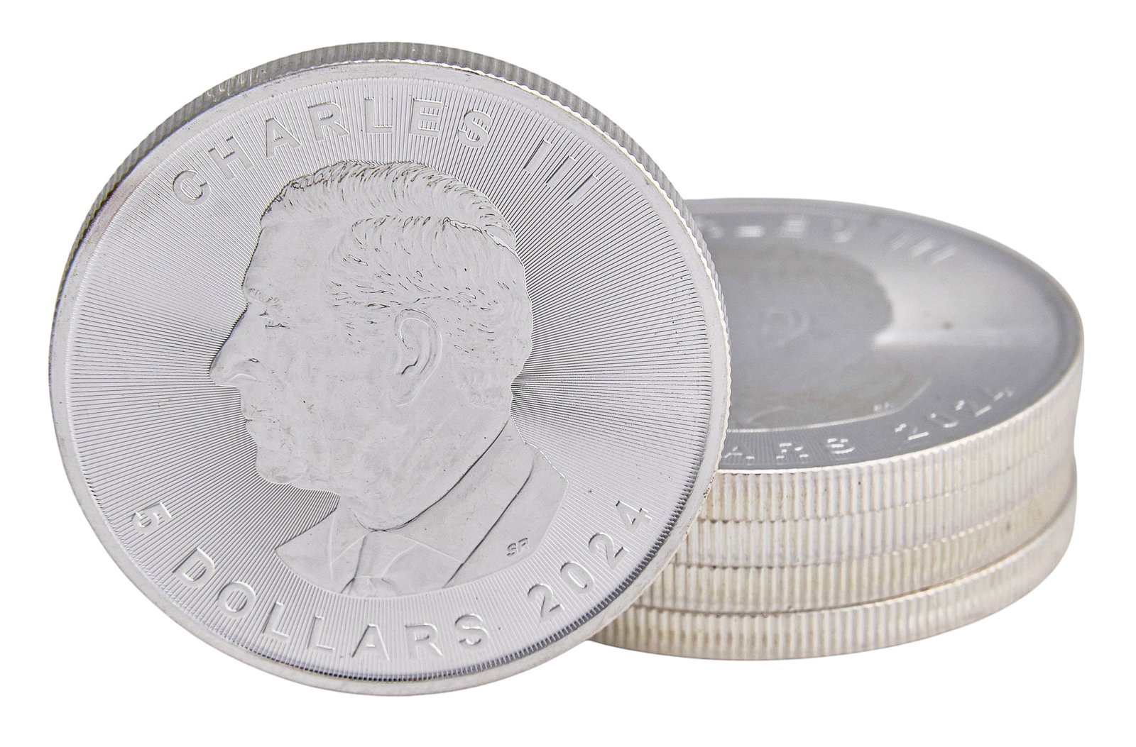 (5) 2024 $5 Uncirculated Canadian Silver Maple Coins: Five 2024 $5 uncirculated Canadian Silver Maple coins, each one ounce .999 fine silver Provenance: Property from the collection of an industrial chemicals entrepreneur, from his Alamo Heights, Te