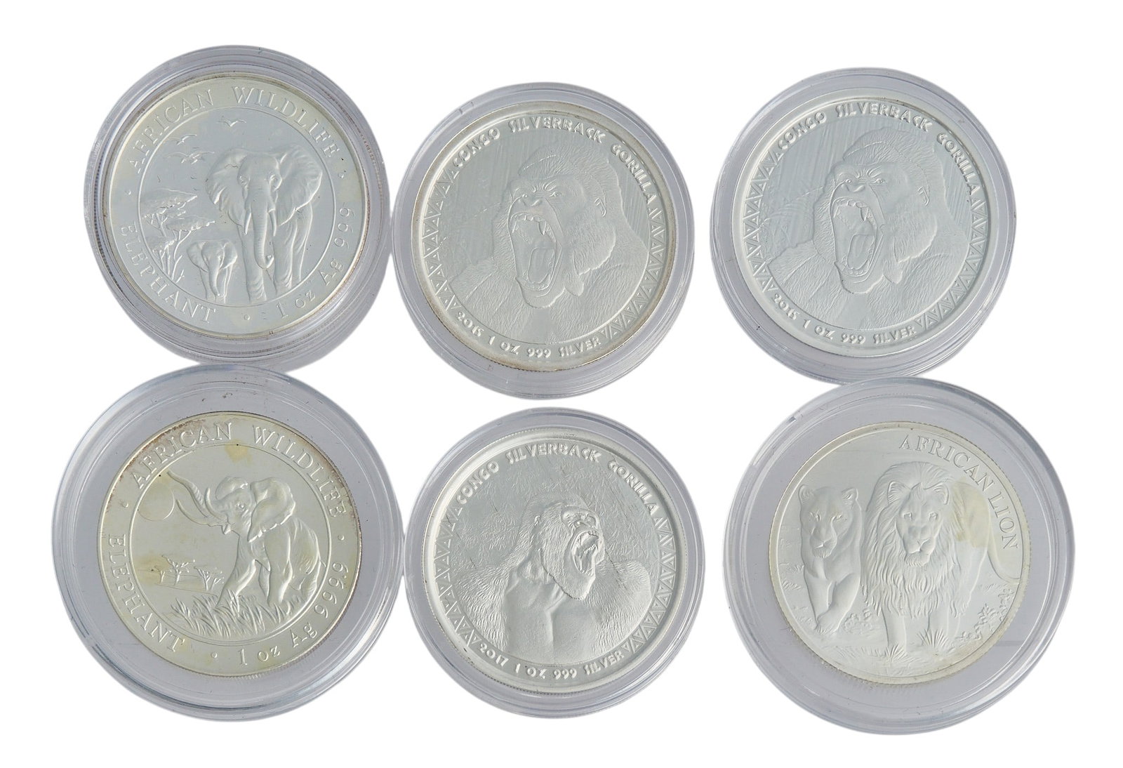 (6) African Silver Coins: Assortment of six African silver coins, each one ounce .999 fine silver, slabbed Provenance: Property from a home in San Antonio, Texas