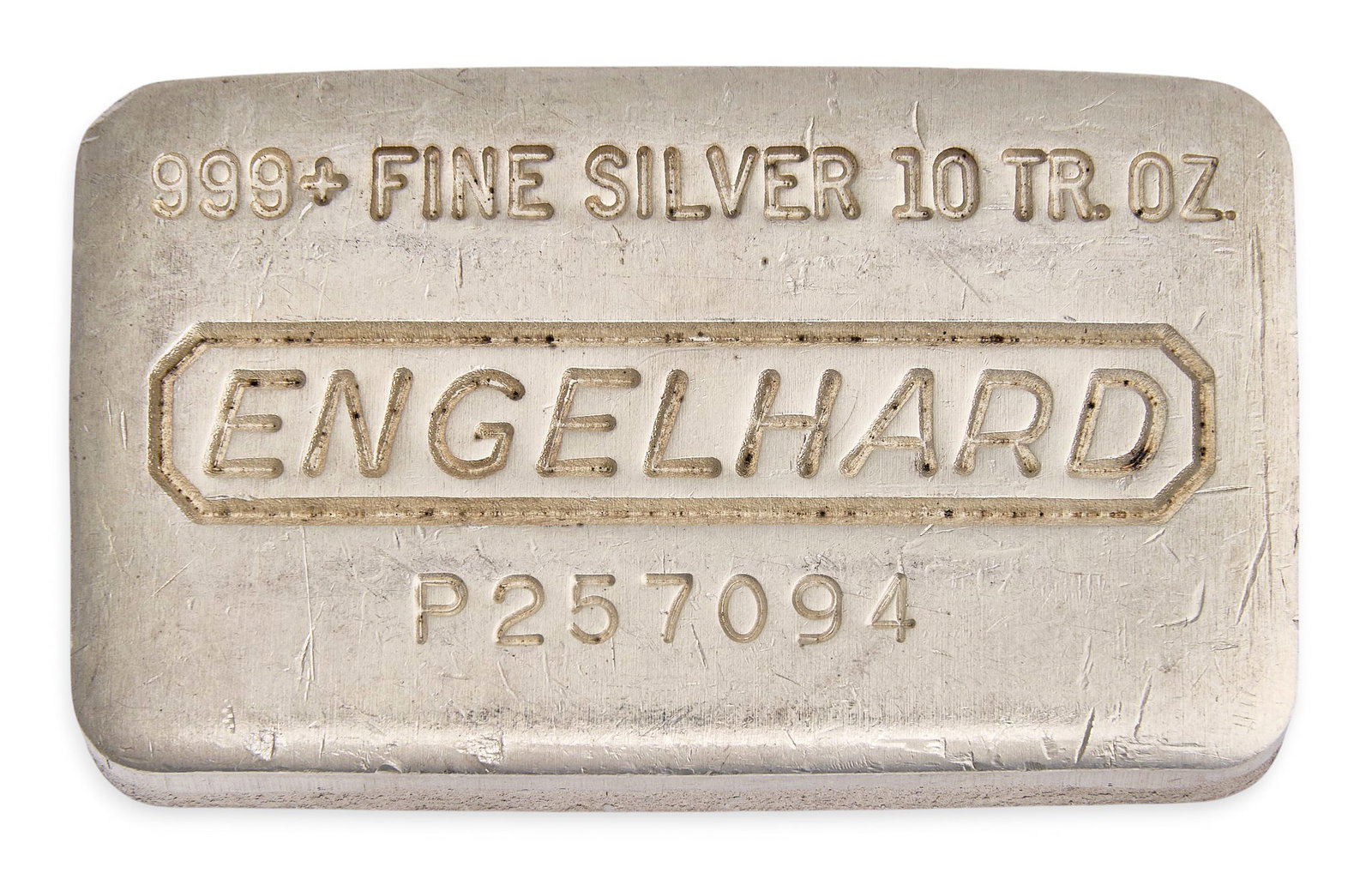 (1) 10 ozt. Fine Silver .999 Bar: One 10 ozt. fine silver .999 bar, produced by Engelhard Provenance: Property from the collection of an industrial chemicals entrepreneur, from his Alamo Heights, Texas home 