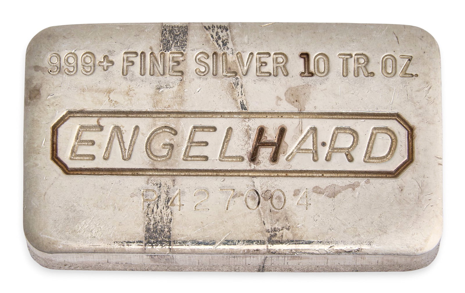 (1) 10 ozt. Fine Silver .999 Bar: One 10 ozt. fine silver .999 bar, produced by Engelhard Provenance: Property from the collection of an industrial chemicals entrepreneur, from his Alamo Heights, Texas home 