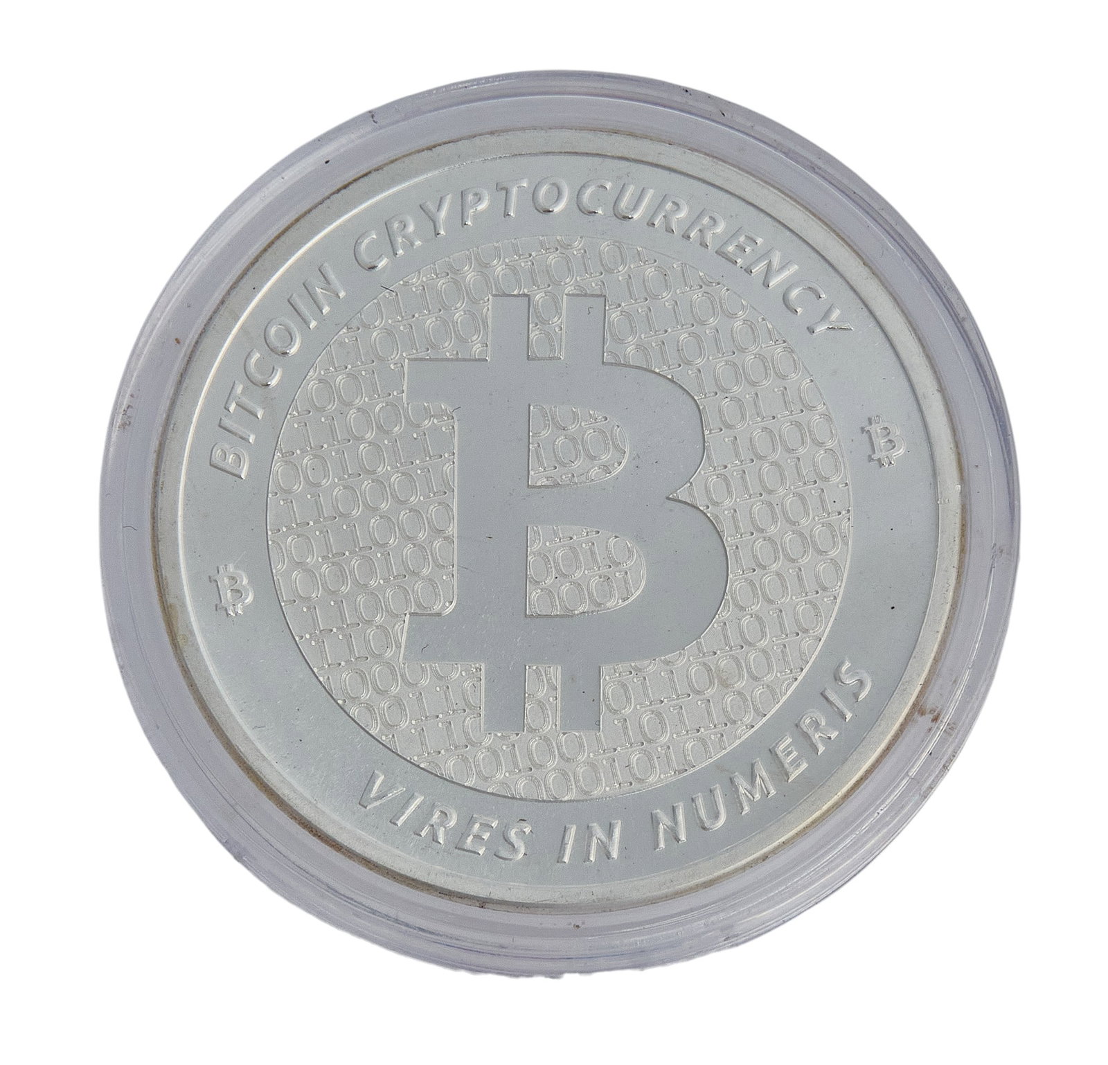 1oz. Silver Bitcoin Coin: Silver Bitcoin, one troy ounce .999 fine silver, slabbed Provenance: Property from a home in San Antonio, Texas