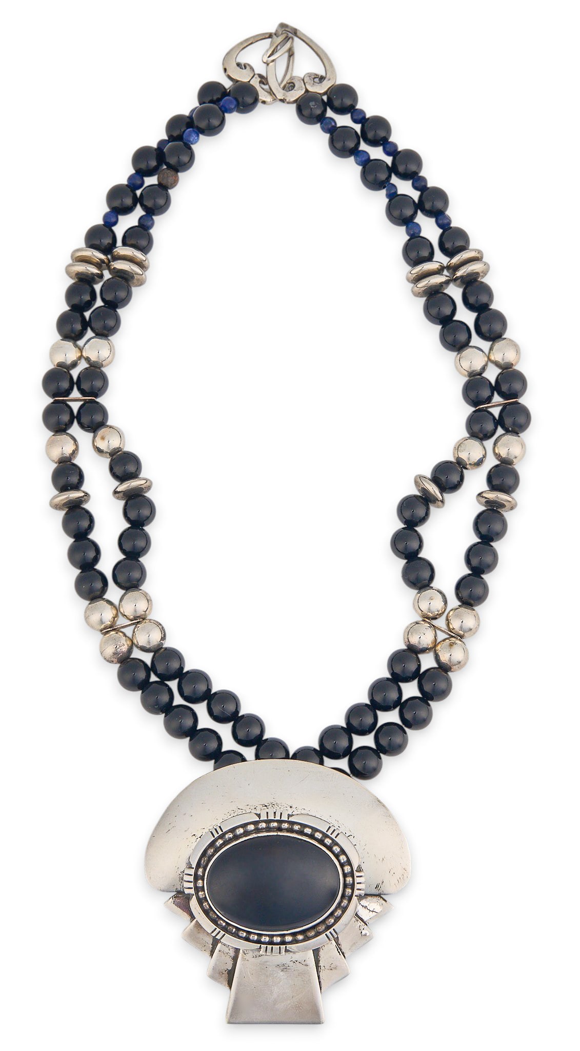 Sterling Silver & Onyx Pendant Necklace: Sterling silver pendant necklace, on two strands of beaded onyx and sterling silver, pendant set with large onyx cabochon, marked "SUNRISE" and "89 Sterling" Length: 18 in. Total w