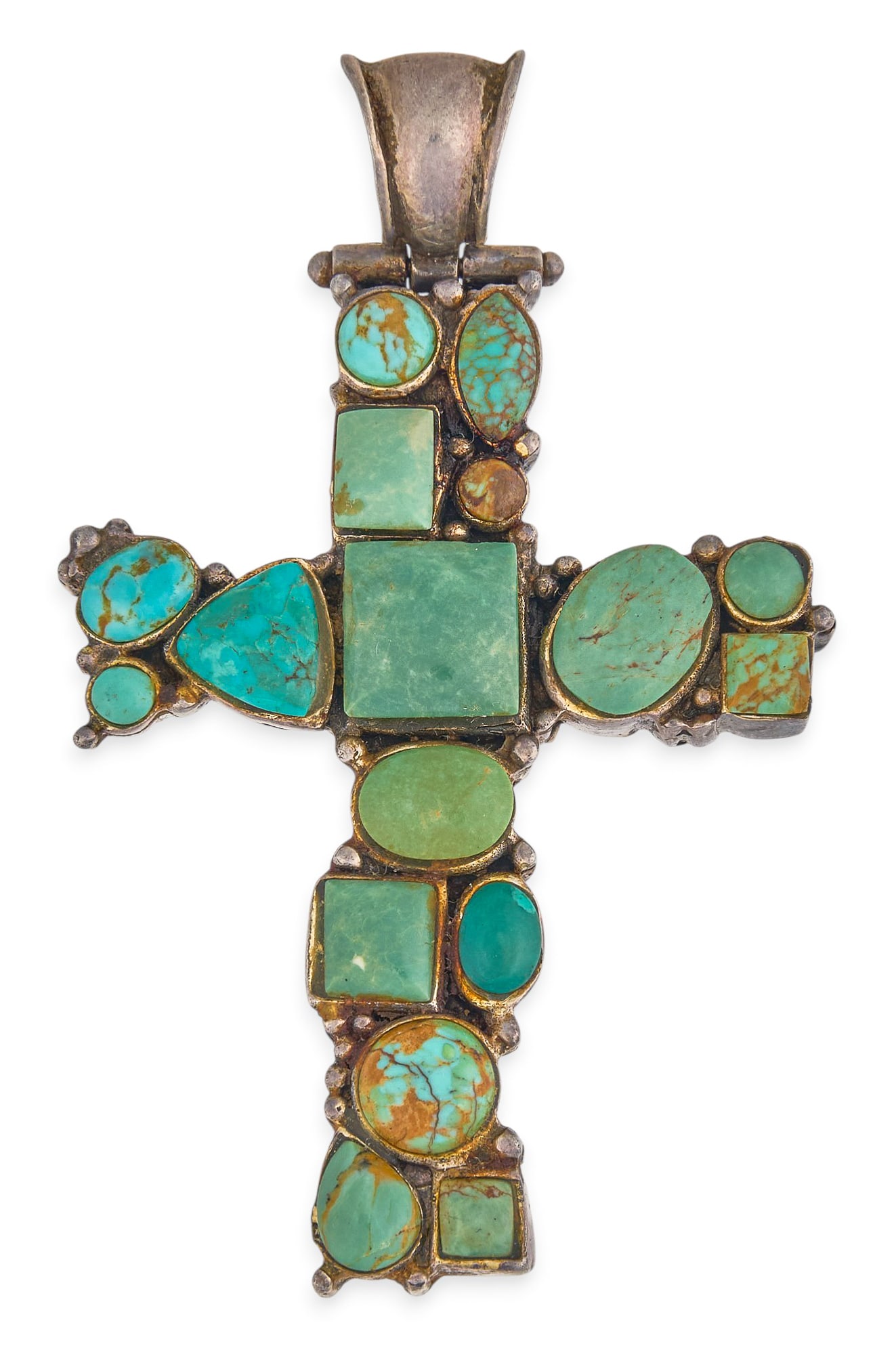 Sterling Silver & Turquoise Cross Pendant: Sterling silver cross pendant, set with turquoise cabochons, marked "925" to reverse Size: 2.25 in. x 1.5 in. Total weight: 22.3 g Provenance: Property from the personal collection of a long