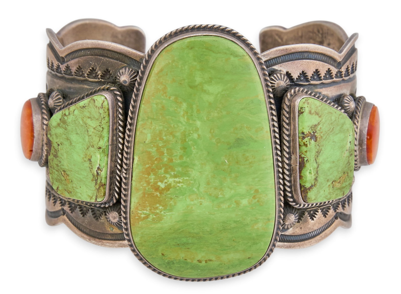 D. Cadman, Navajo Gaspeite & Spiny Oyster Cuff: Darrell Cadman, Navajo sterling silver cuff bracelet, set with large gaspeite stones and spiny oyster cabochons, featuring twisted rope and stamped details throughout, signed "D. Cadman Ster