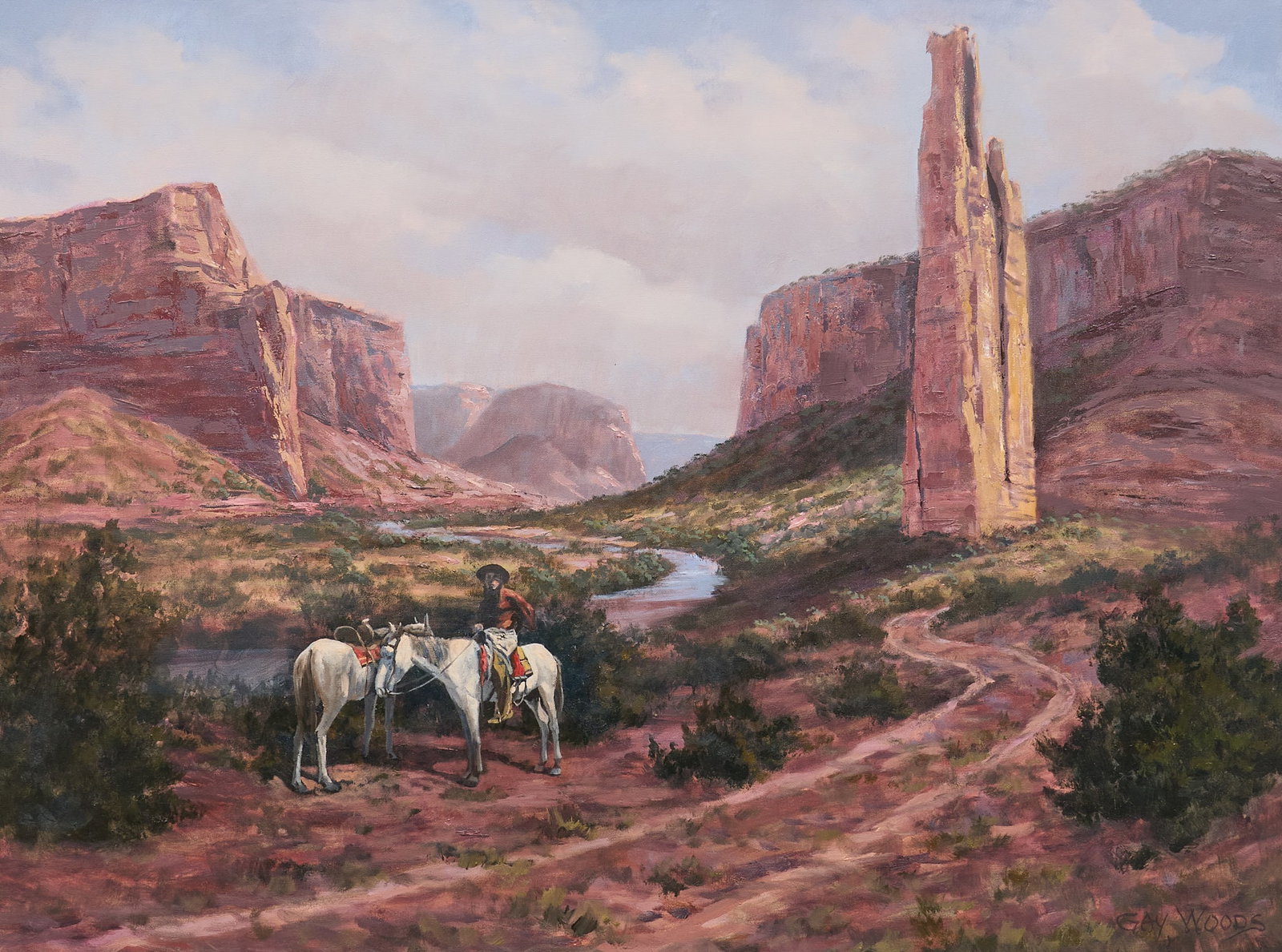Gay Woods, Western Scene: Gay Woods (Amer., 20th-21st C.), view of cowboy in Western valley, likely Utah, oil on canvas, signed lower right sight: 30 x 40 in., frame: 37 x 46.5 in. Provenance: Property from a ho