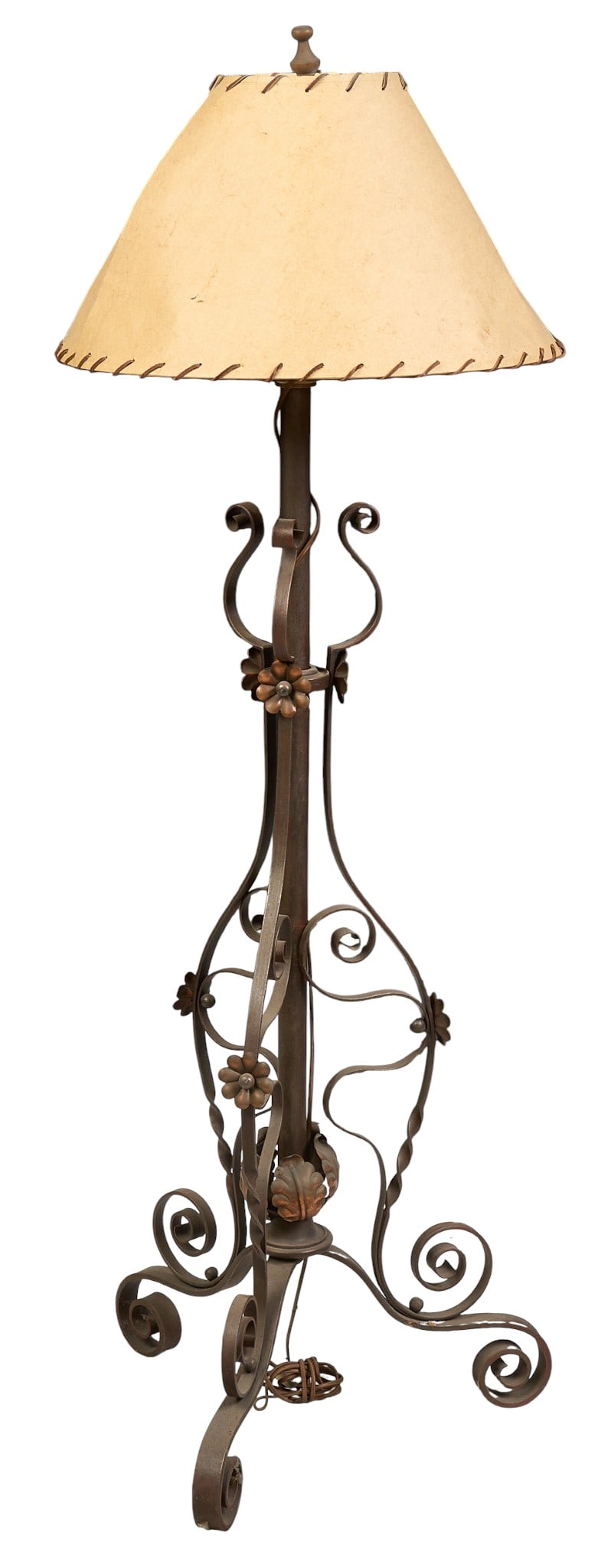 Iron Floor Lamp: Vintage iron floor lamp with paper shade, in working condition height 60 in. x width 21 in. x depth 21 in. Provenance: Property from a home in San Antonio, Texas
