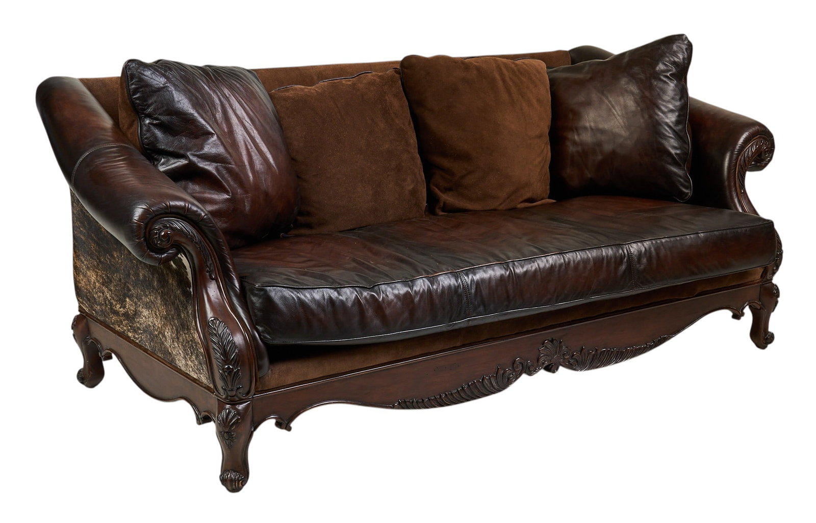 Bernhardt Bison Sofa: Bernhardt ranch style sofa with bison hide suede, and leather upholstery, with cow hair on hide panels on side, supported on carved cabriole legs, marked under seat cushion height 35 in. x width