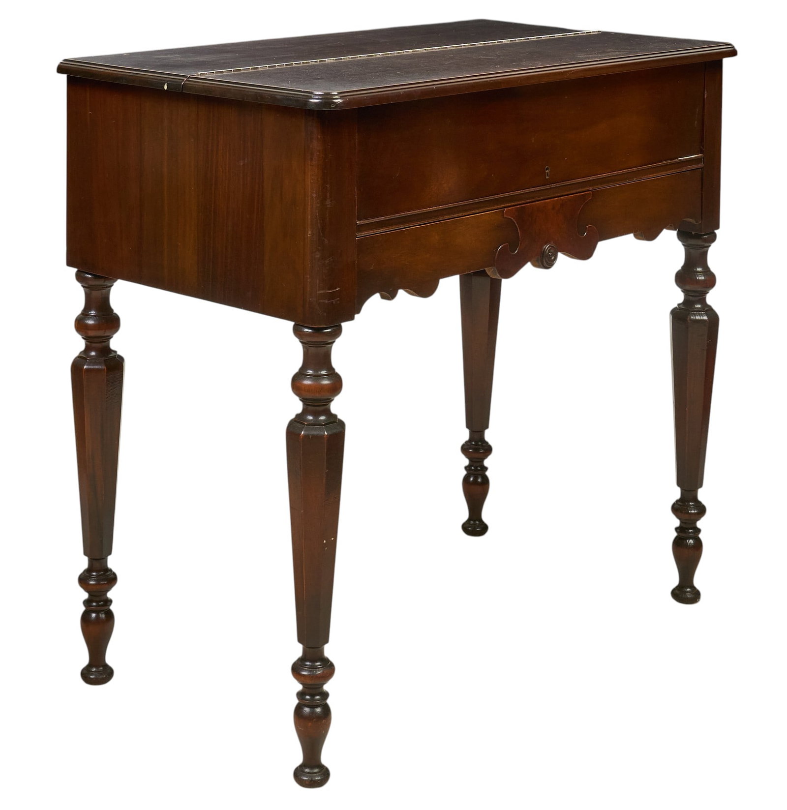 Vintage Desk: Antique flip-top writing desk with a single drawer, supported by turned legs, circa 1950s height 35 in. x width 36 in. x depth 21 in. Provenance: Property from a home in San Antonio, Texas 