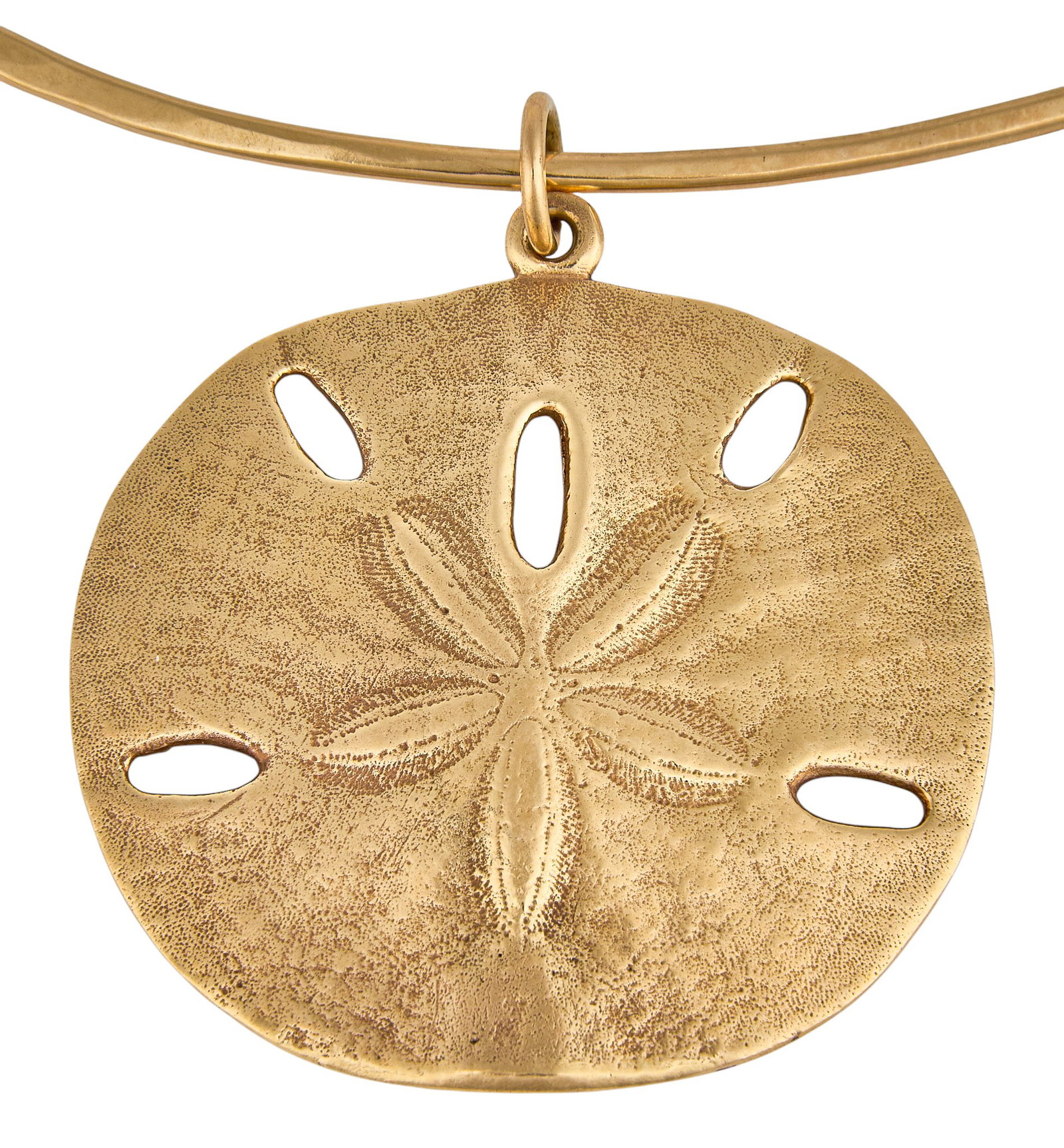 14K James Avery Sand Dollar Necklace: James Avery 14K gold collar necklace featuring sand dollar pendant with pierced design, necklace and pendant each marked Circumference: 16 in. Total weight: 41.8 g Provenance: Property from a home in