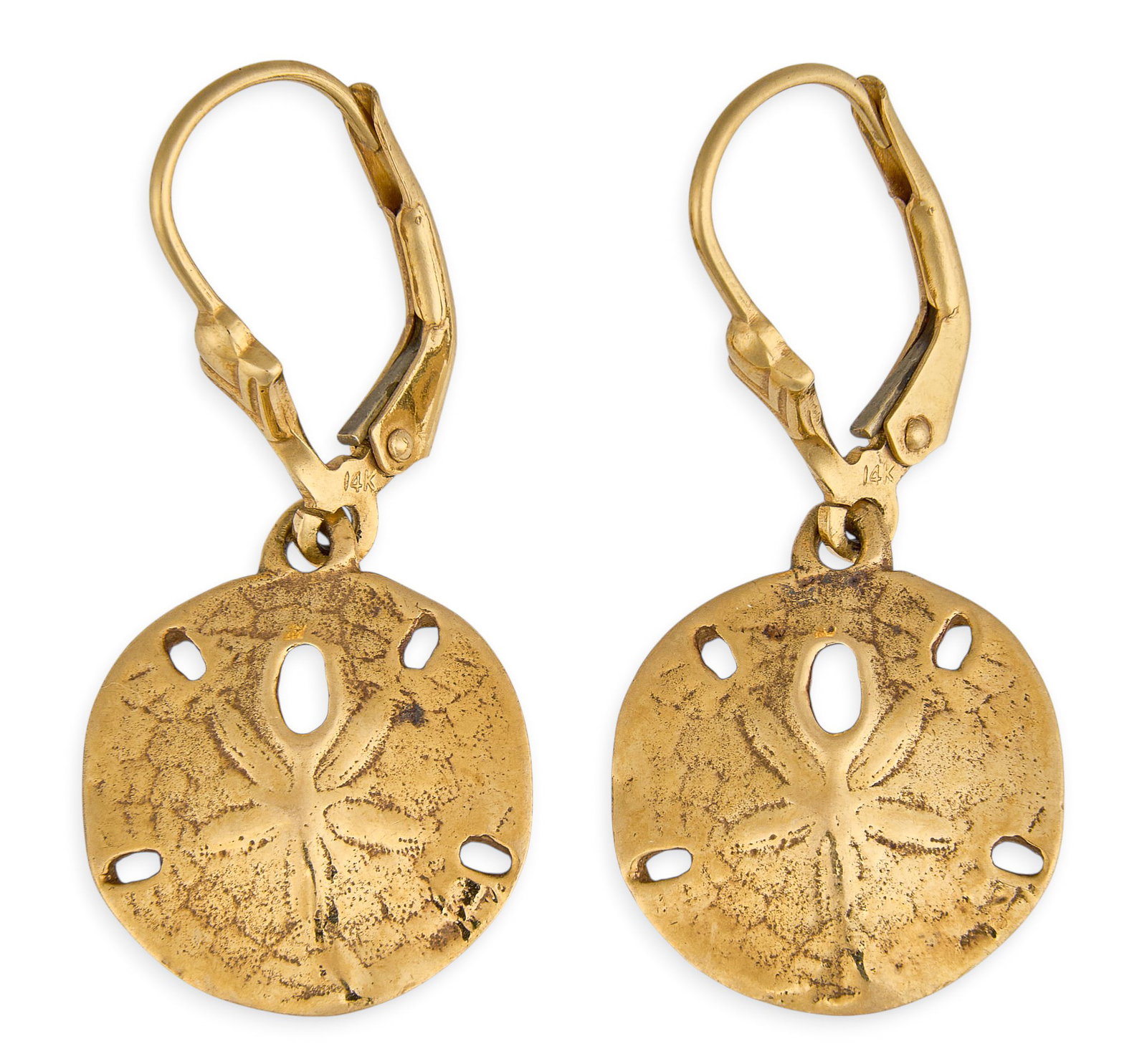 14K James Avery Sand Dollar Earrings: Pair of James Avery 14K gold dangle earrings, featuring sand dollar motifs with pierced design, marked Size: 1.5 in. / length Total weight: 7.6 g Provenance: Property from a home in San Antonio,