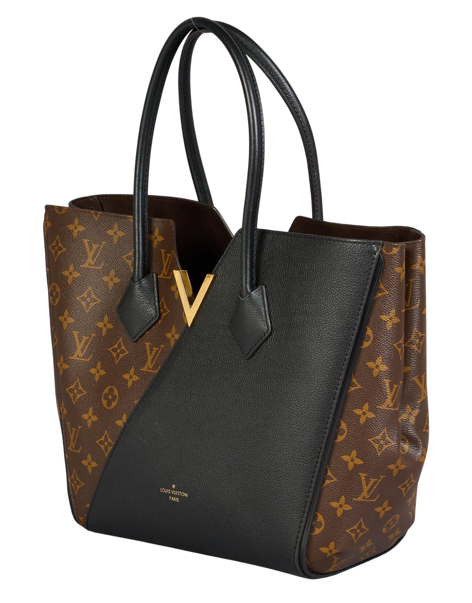 Louis Vuitton Kimono Tote: Louis Vuitton Kimono tote bag in black leather and monogram canvas, with black leather handles and golden hardware, marked DU1245, includes dustbag 16 in. x 11 in. x 6 in. Condition A -