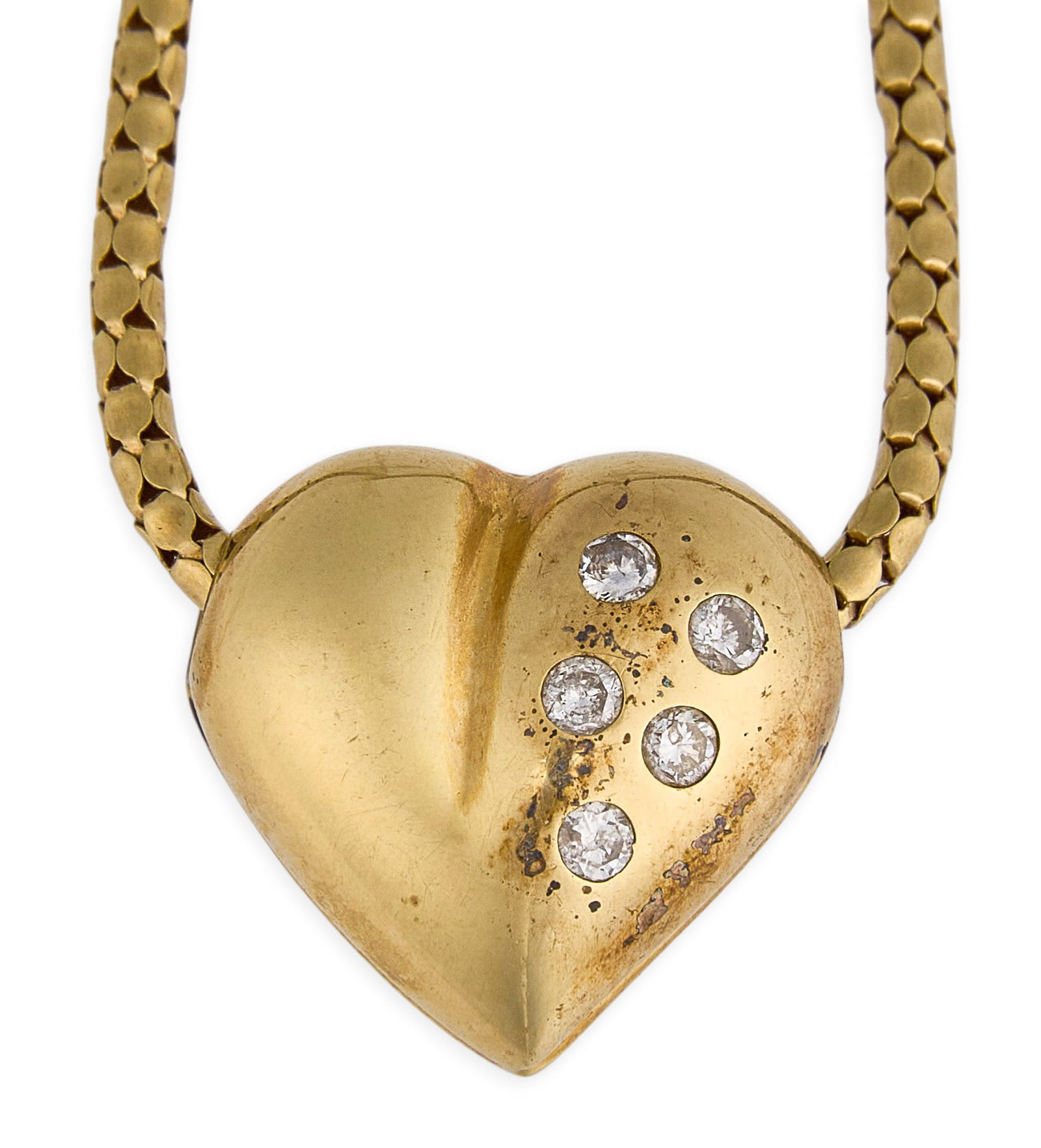 14K Diamond Heart Pendant Necklace: 14K gold heart pendant necklace, set with five round brilliant-cut diamonds, on 14K gold snake chain, marked "14K" Length: 16 in. Total weight: 7.39 g Provenance: Property from a home in