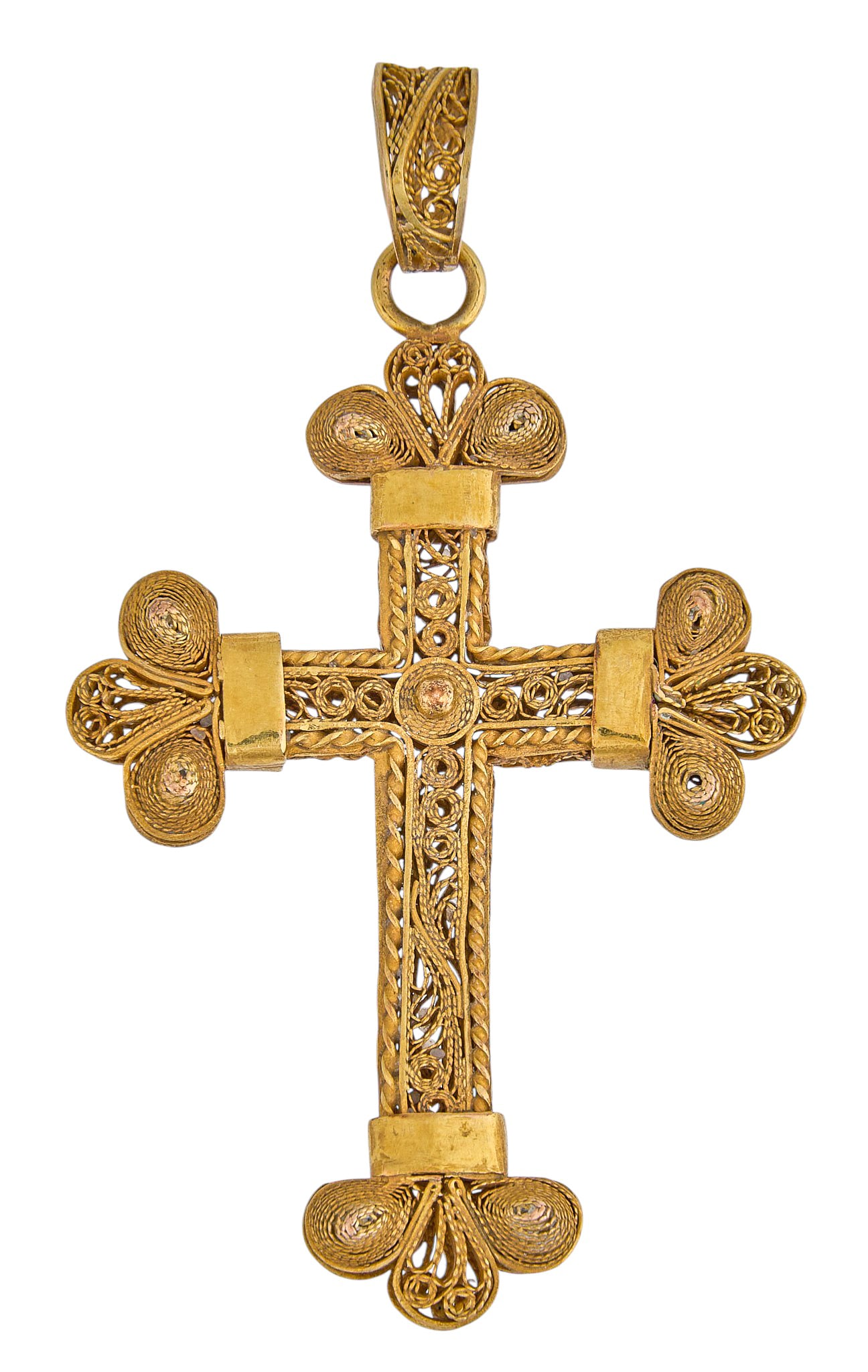 14K Filagree Cross Pendant: 14K gold (tested) filagree cross pendant Size: 2 in. x 1.25 in. Total weight: 4.5 g Provenance: Property from a home in San Antonio, Texas