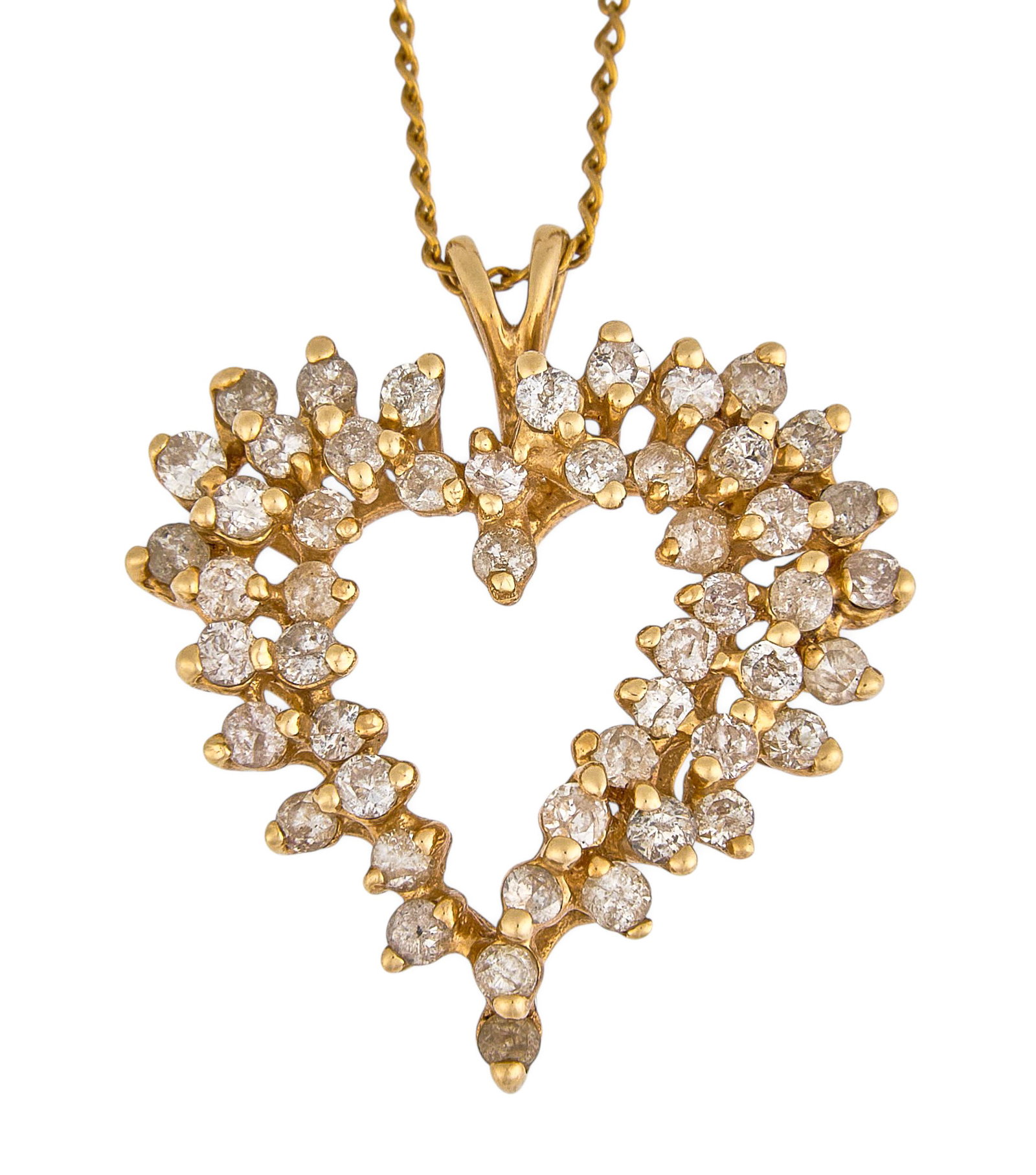 14K Diamond Heart Pendant Necklace: 14K gold heart pendant necklace set with fifty round brilliant-cut diamonds, marked "14K" to clasp Length: 17 in. Total weight: 3.8 g Provenance: Property from a home in the Alamo Heights