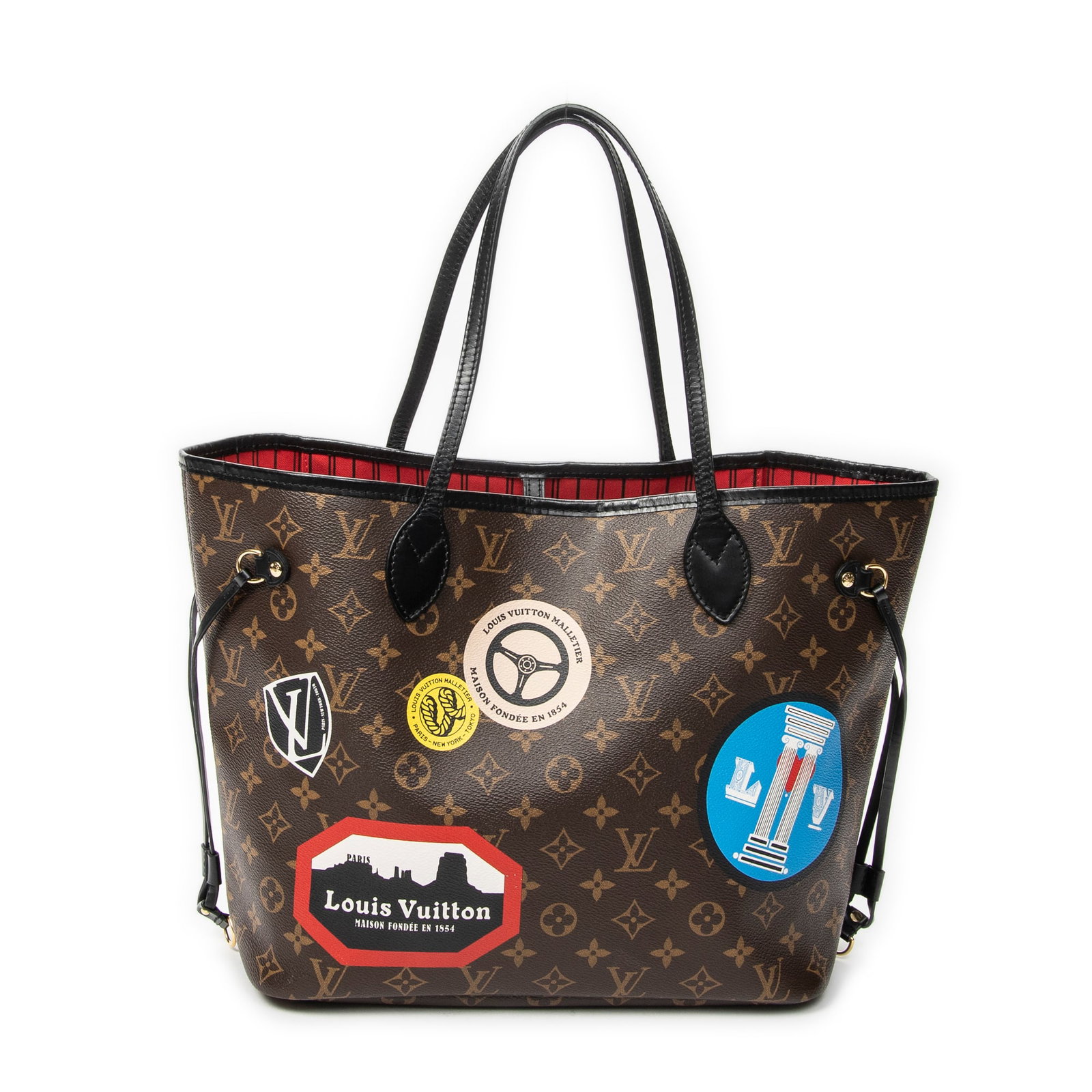 Louis Vuitton Neverfull MM Shoulder Bag: Louis Vuitton Neverfull MM shoulder bag in brown/black monogram world tour, black leather handles, golden brass hardware, marked AR4126 (42nd Week of 2016), MY LV World Tour 2016 edition, includes