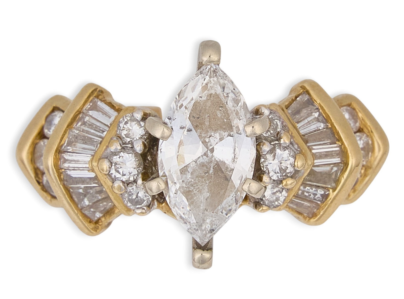 14K Diamond Engagement Ring Set: 14K yellow gold engagement ring set with enhancer, solitaire ring set with 1.25 ct marquise cut diamond, and enhancer set with round brilliant and baguette cut diamonds, both marked "14K" Si
