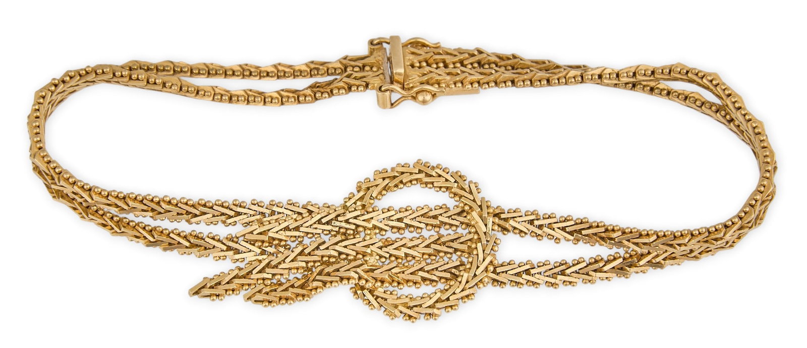 18K Woven Chain Bracelet: Mexican 18K gold textured chain bracelet, marked "18K Mexico" to clasp Length: 7 in. Total weight: 16.3 g Provenance: Property from a home in Boerne, Texas